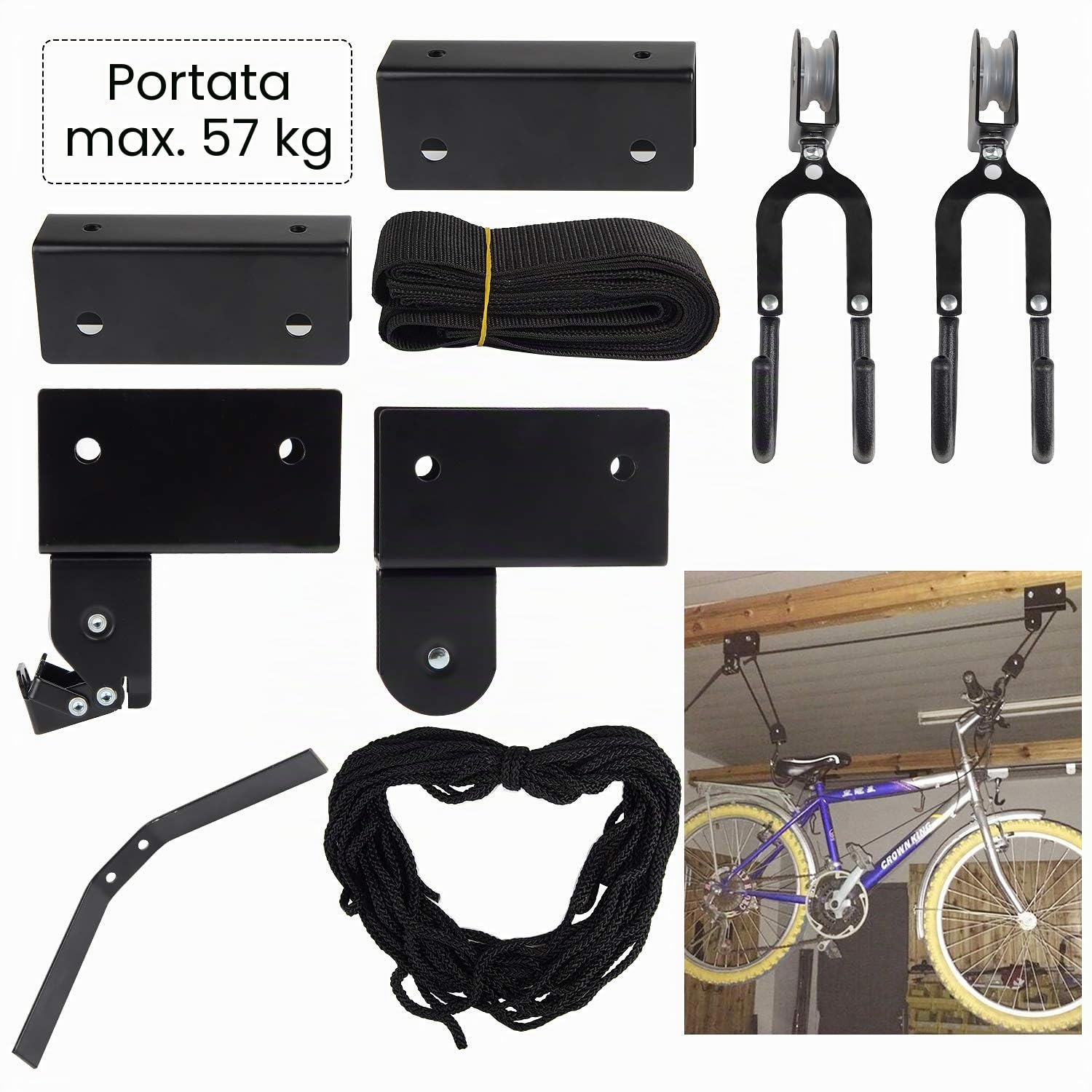 EXLECO Supporto per bicicletta da soffitto Max.57 kg Ascensore universale per bicicletta con gancio e corda adatto per biciclette e yacht