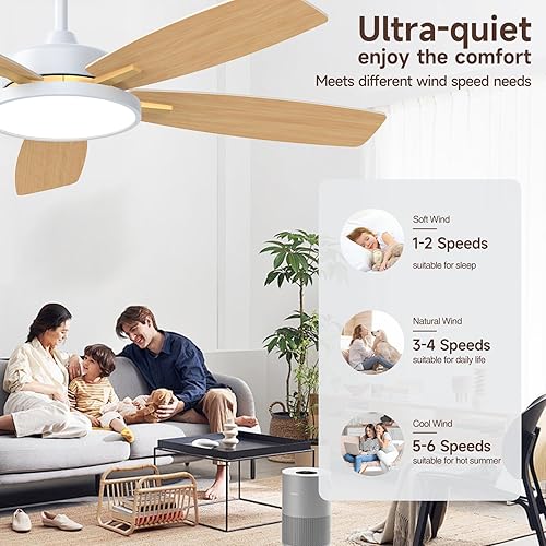 Miniatura 5 de Roomratv Ventiladores de techo con luces, ultra silenciosos ventiladores de techo inteligentes de 52 pulgadas con luz LED regulable compatibles con