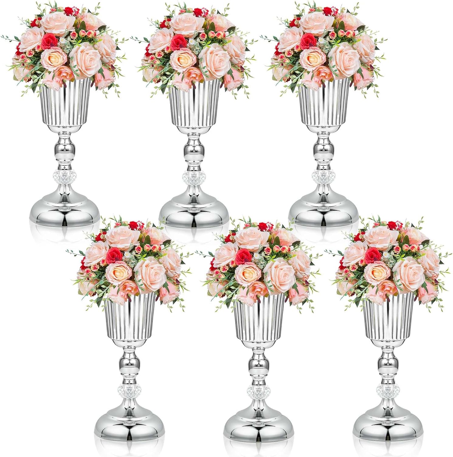 11.6 inches Metal Wedding Flower Trumpet Stripe Vases Table Centerpieces for Artificial Flower,Arrangements Anniversary Celebration/Wedding/Party/Birthday Event Aisle Home Decor (Silver, 6pcs)