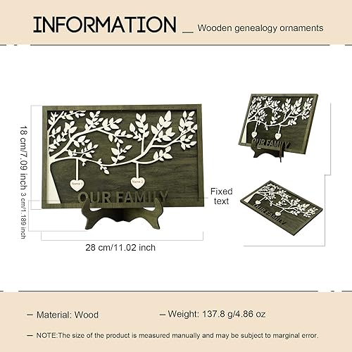 Vista 246 de Árbol genealógico con etiqueta de corazón, placas de madera grabadas personalizadas, regalos personalizados para madres, padres, escritorio, nombres