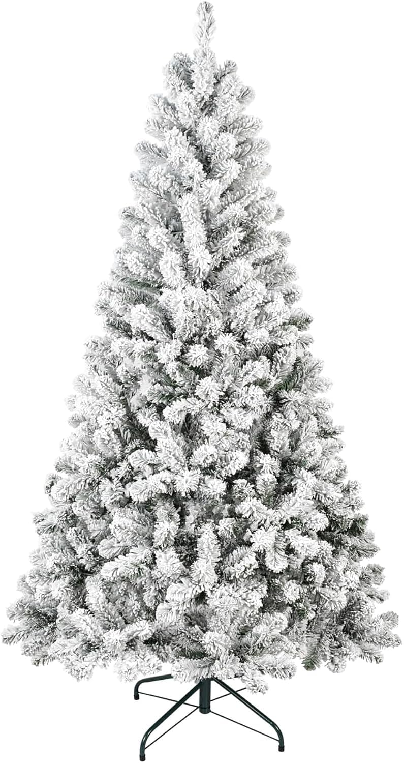 Seocsing 2.4M Christmas Tree, Artificial Snow Flocked Christmas Tree, Unlit Hinged Christmas Pine Tree, Premium PVC Needles & Solid Metal Stand, Xmas Snowy Full Tree for Indoor and Outdoor