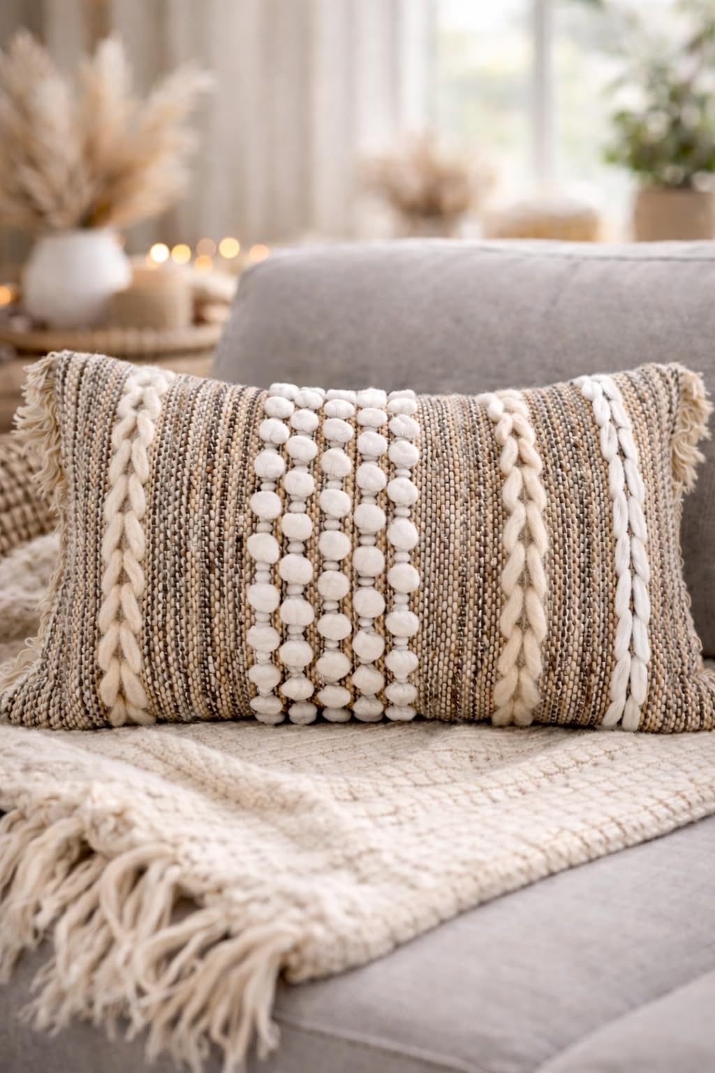 COZYDEKO Decorative Boho-Chic Lumbar Pillow Cover 12x20 Premium Handwoven Tufted Cotton &Wool Accent Pillows, Earthy Color Throw Cushion, Farmhouse &