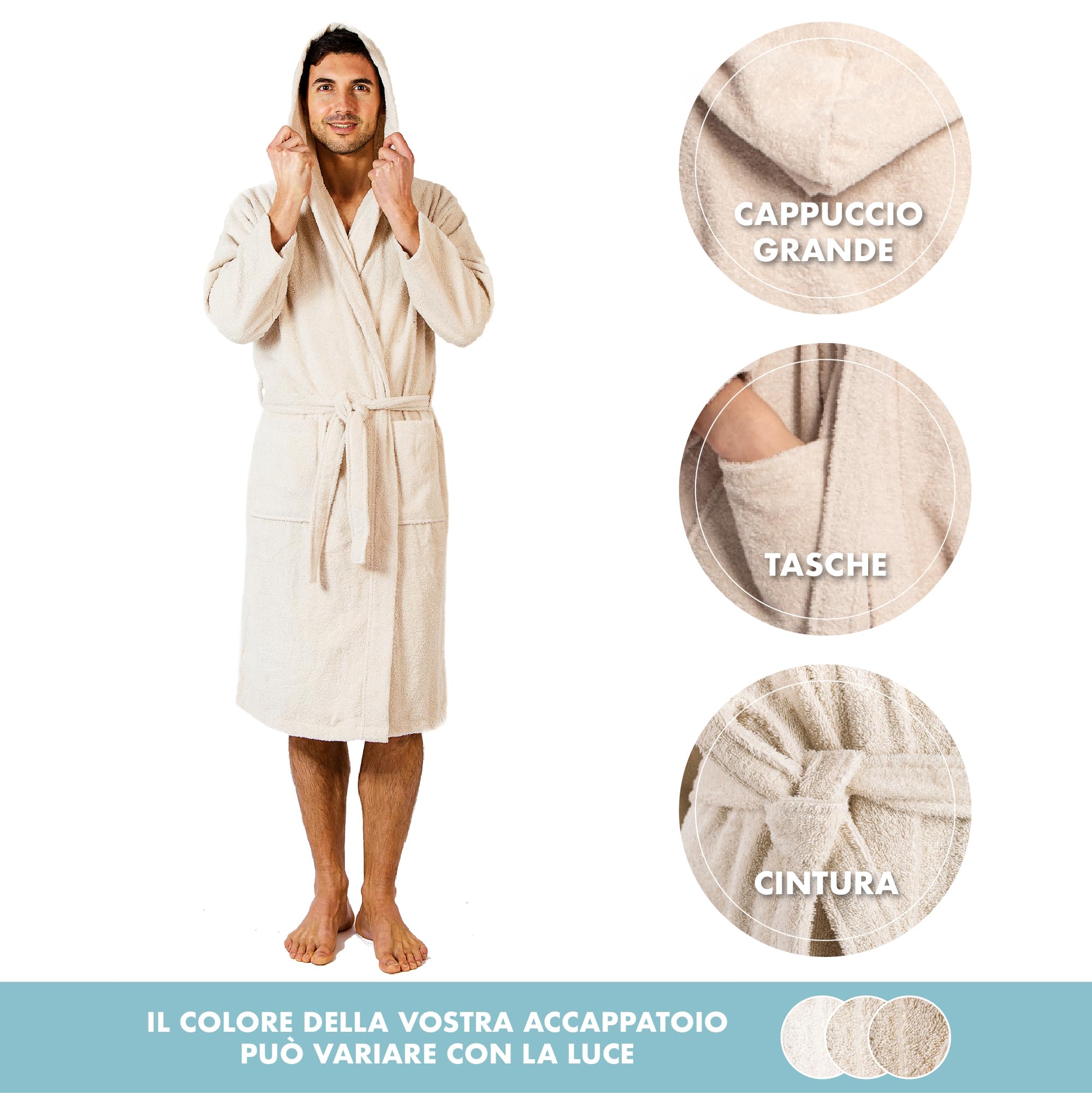 Twinzen Accappatoio per Uomo con Cappuccio in Spugna, 2 Tasche, Cintura Cotone Senza Prodotto Chimico, Oeko Tex - Vestaglia per Uscire dalla Doccia, Assorbente e Confortevole