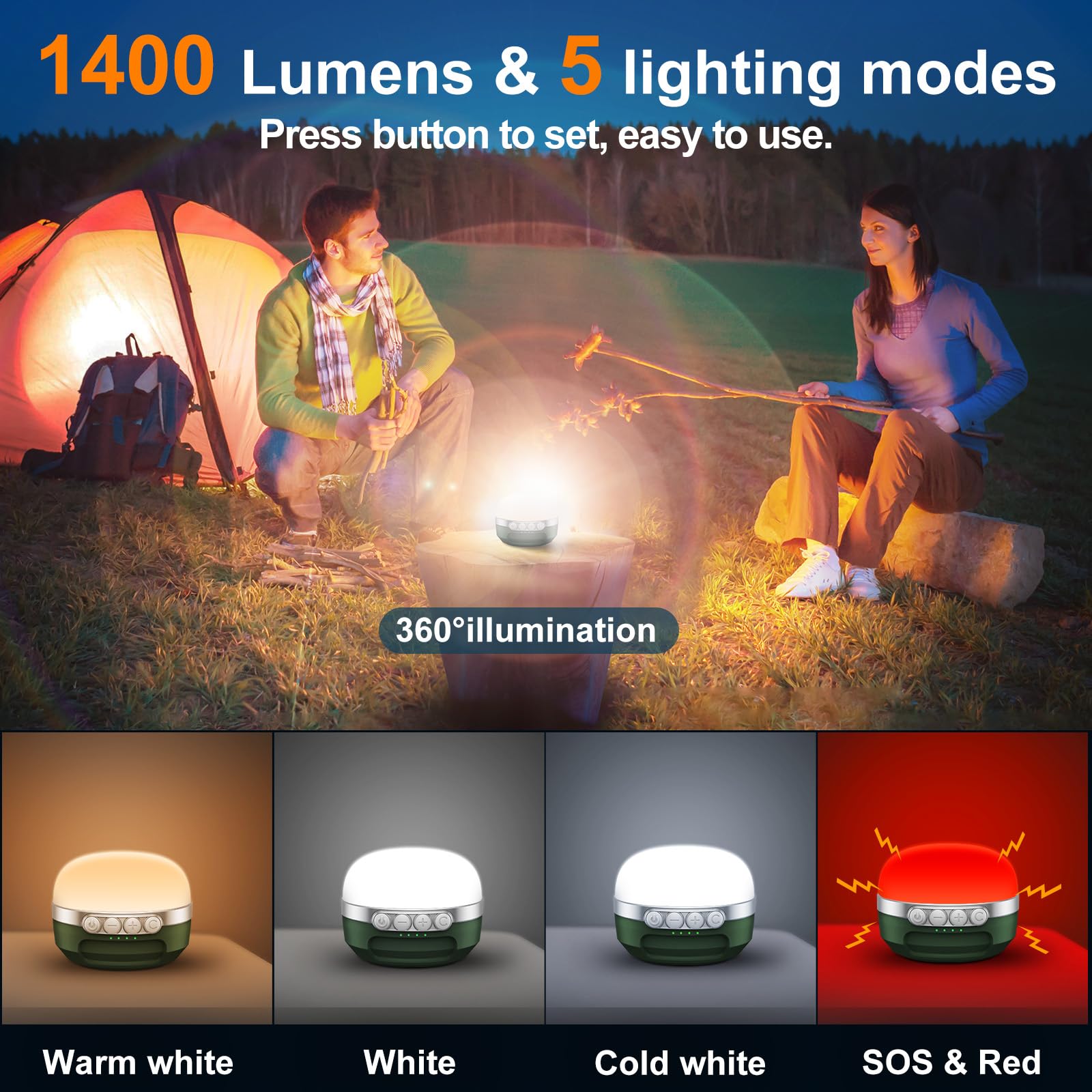 ZMNT Lanterna da campeggio a LED ricaricabile, 1400 lm, fino a 420 ore, luce RGB per tenda da campeggio, 10400 mAh, luce di emergenza per uragano, interruzioni di corrente, casa, escursionismo, viola