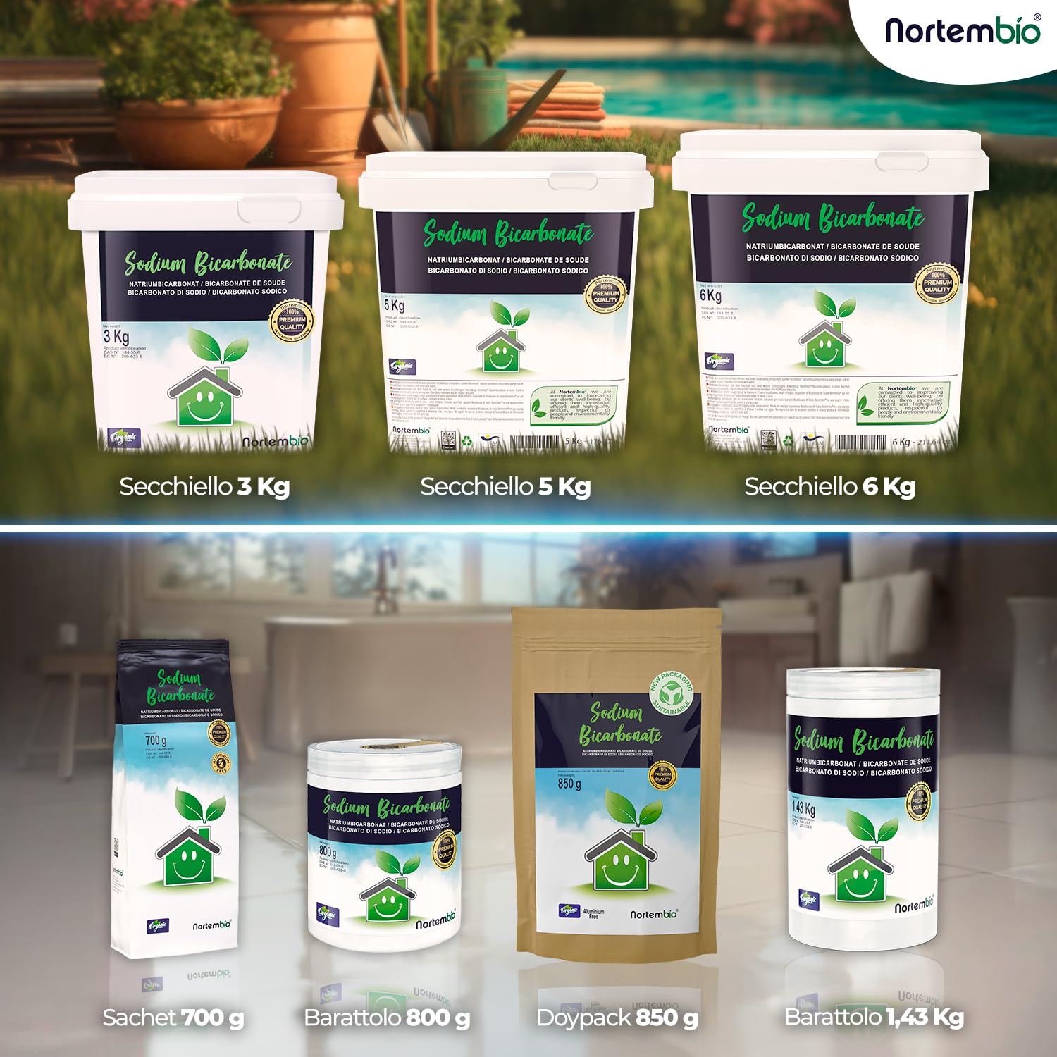 Nortembio Bicarbonato di Sodio 6 Kg 100% Naturale per Pulizia Multiuso. Senza Alluminio. Elimina Odori e Sporco. Cucina, Bagno, Tessuti. E-Book Incluso