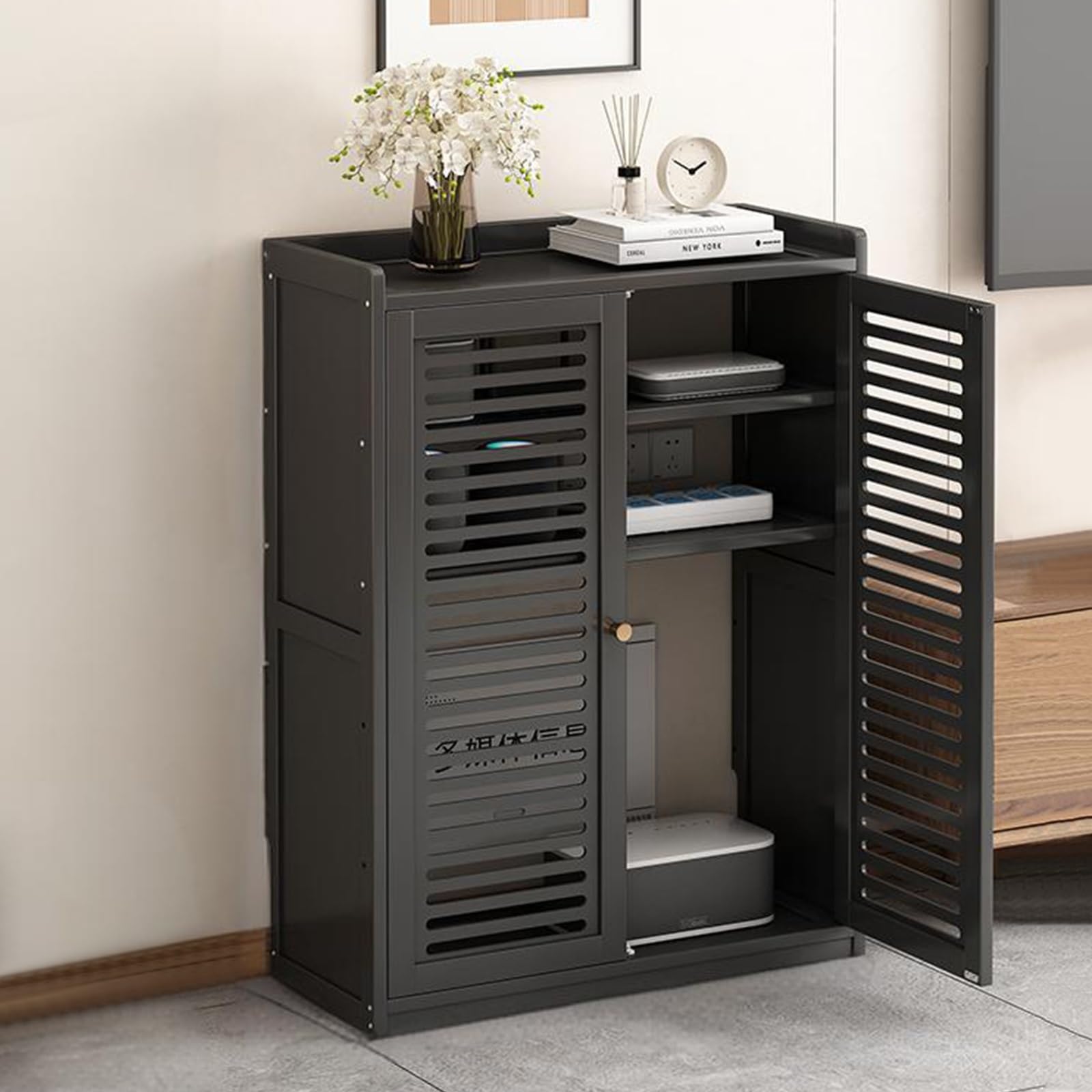 DECAKE Floor Standing Router Storage Cabinet with Multi-Layer Shelves, Invisible WiFi Modem Hider for Home and Office Organization