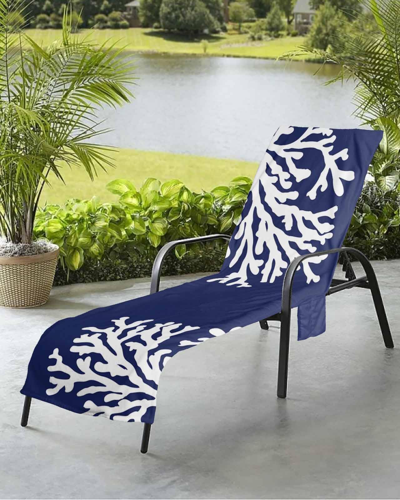 Navy Blue Coral Beach Chair Towel Covers for Chaise Lounge with Side Pocket, Soft Plush Pool Towels Cover for Patio Sunbathing Outdoor 29''x85'' Nautical Coastal Summer Ocean Sea Aquatic Animals