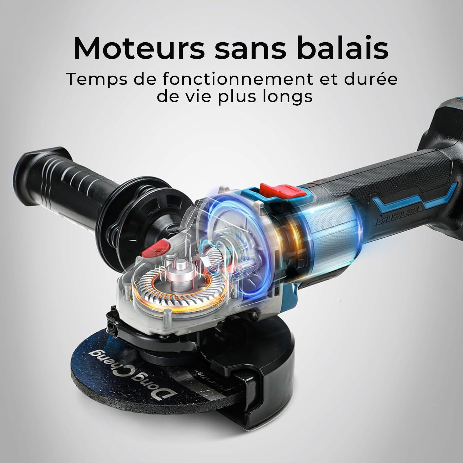 DongCheng Meuleuse d'angle sans fil 18 V, Disqueuse 125 mm, 630 W, profondeur de coupe 33 mm, Meuleuse augulaire sans balais Poignée anti-vibration, Meuleuse sans fil avec batterie 4.0Ah