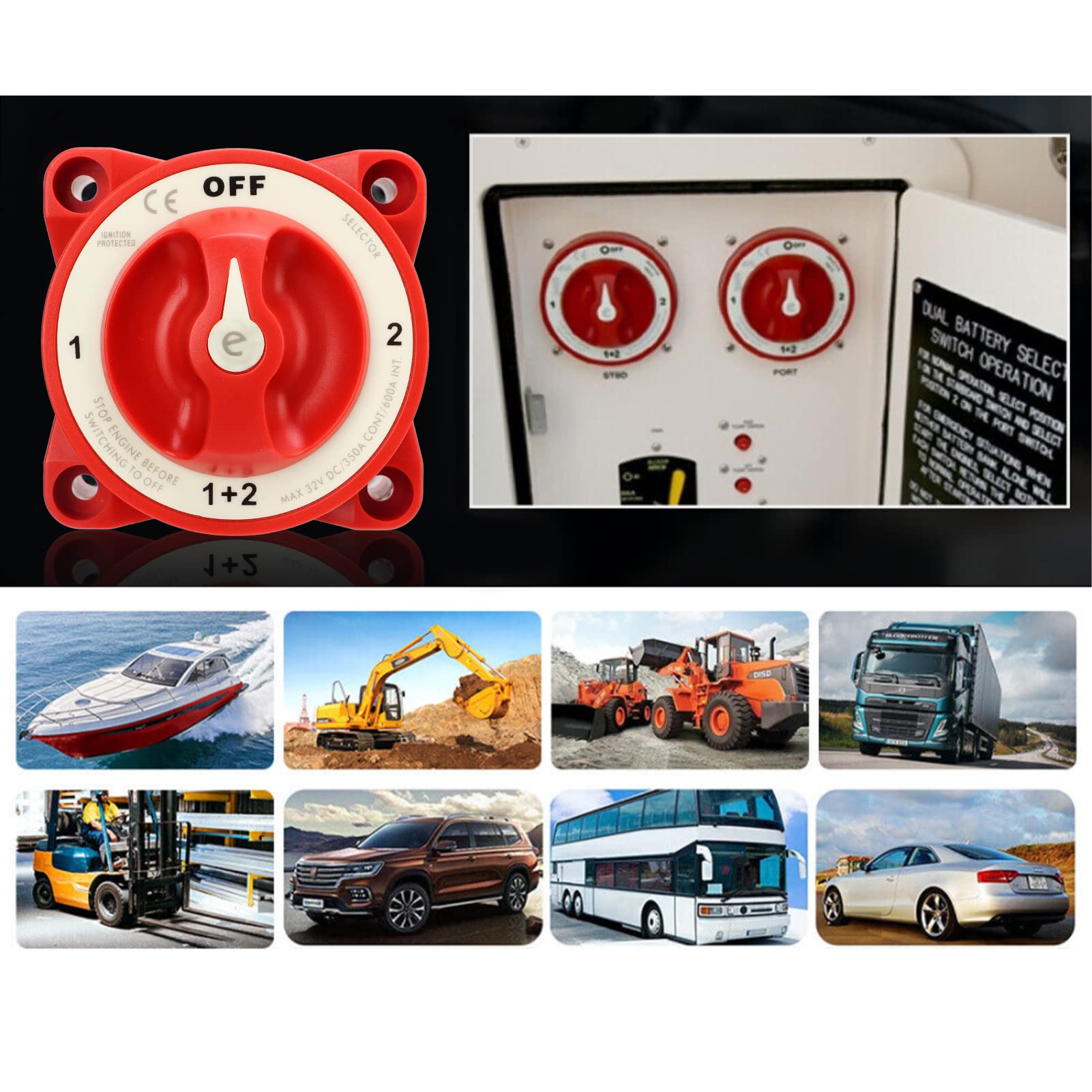 Battery Disconnect Switch 4 Gear Position Power Off Isolation Switch ABS Plastic Shell Standard Size for Marine Boat Yacht RV Large Truck Modified Car