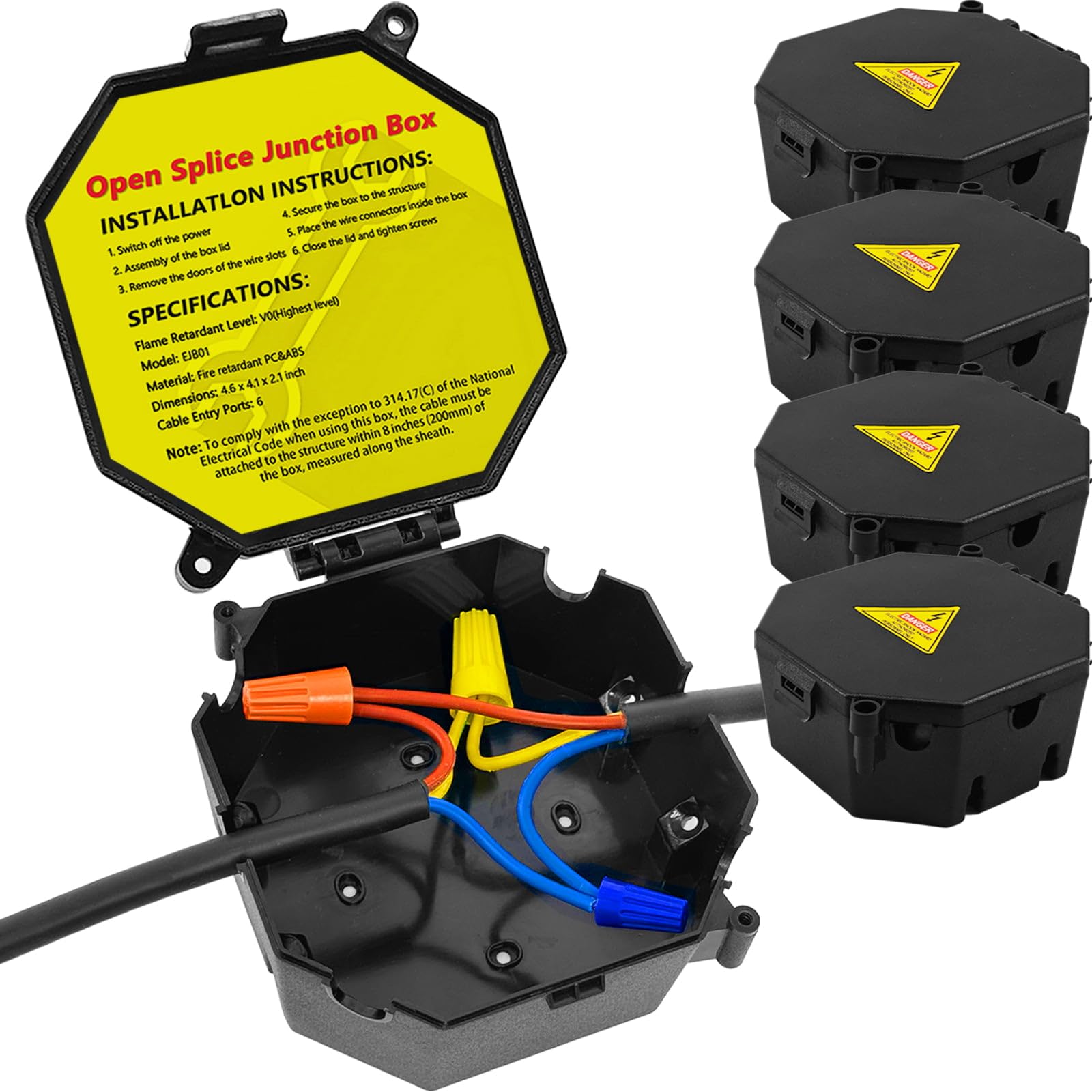 Black Open Splice Junction Box - 6 Pack -8 Black Open Splice Junction Box - 6 Pack -8