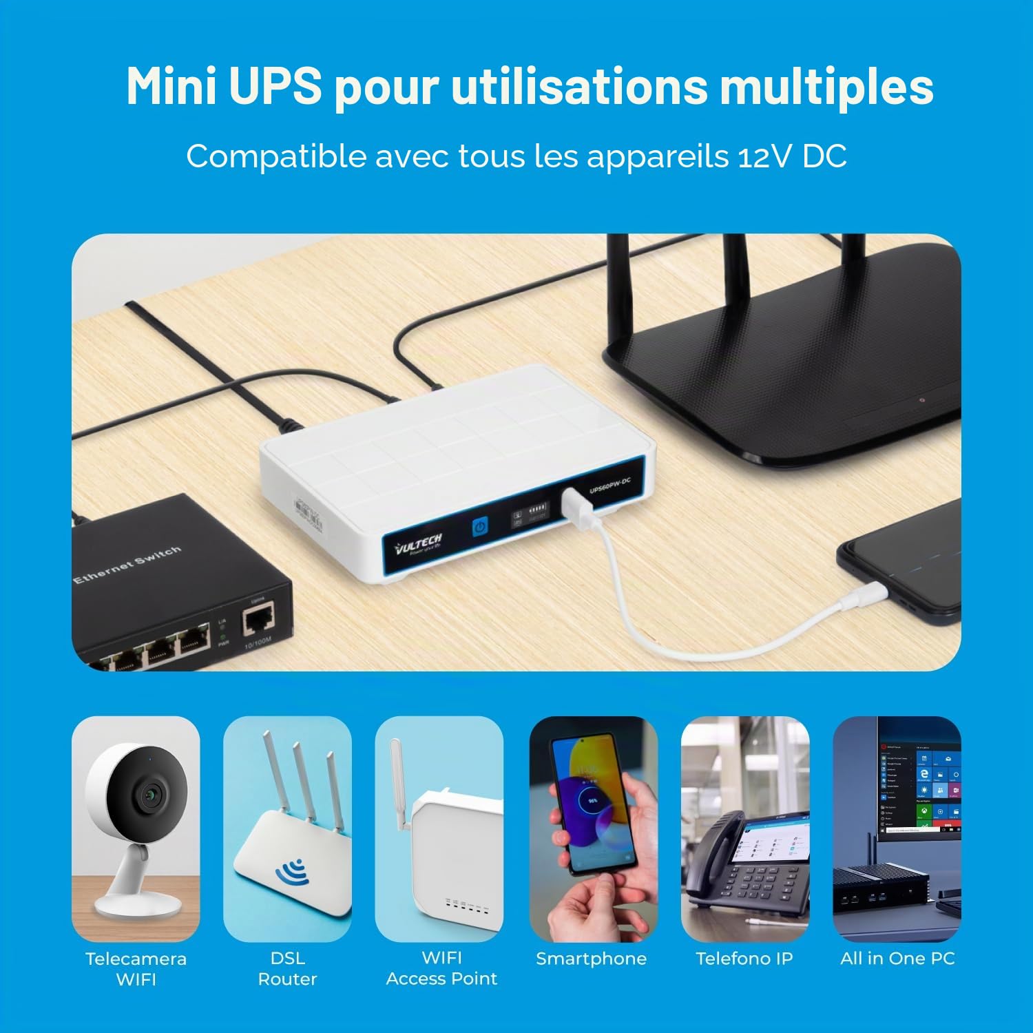 VulTech UPS60PW-DC Rev. 2.1 Blanc Mini UPS 6000mAh 60W Portable Alimentation sans Interruption pour Routeur sans Fil Modem Caméra Power Bank Smartphone Entrée 100-240 VAC USB 5V DC 12V