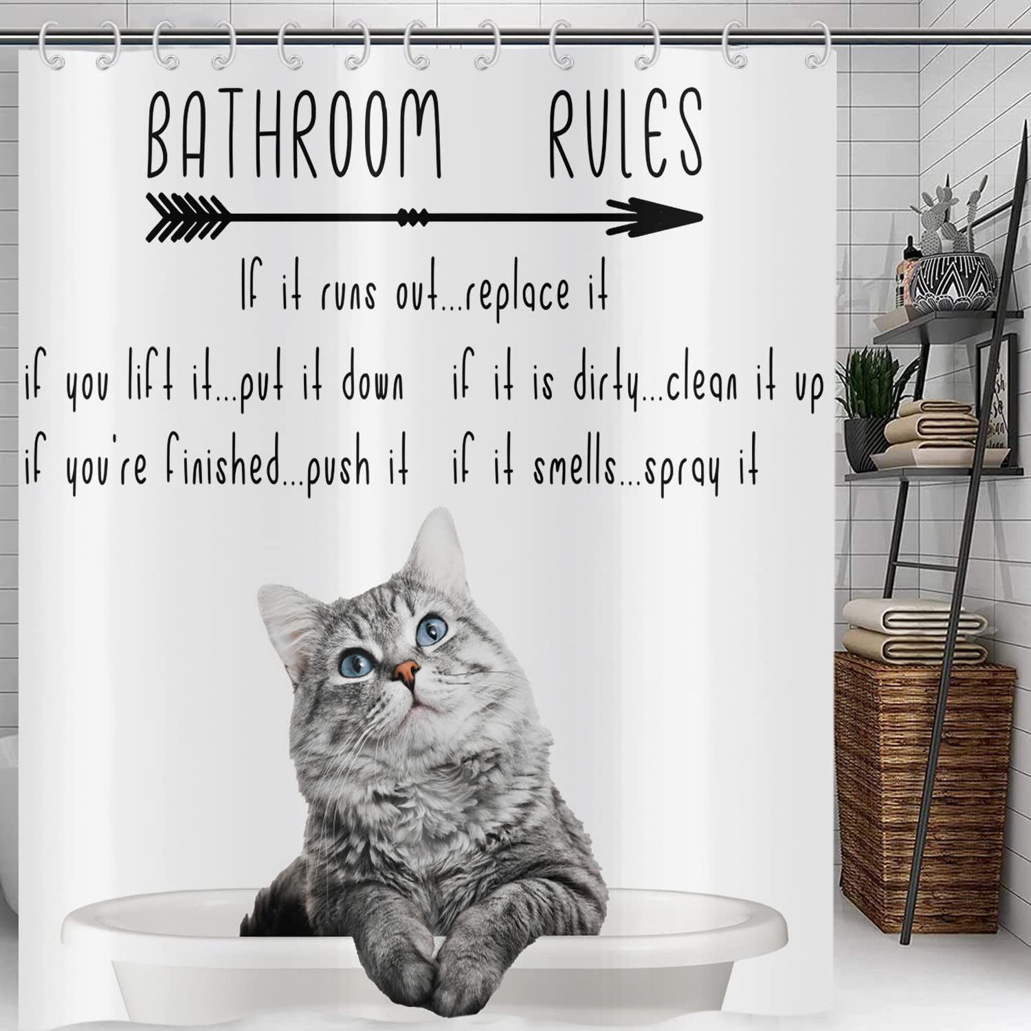 Hnmdmyi Funny Cat Shower Curtain 180x200, Hilarious Cat Kitten Grey Bathroom Curtains Motivational Inspirational Educational Bathroom Rules Kids Waterproof Polyester Fabric Washable Bath Curtains