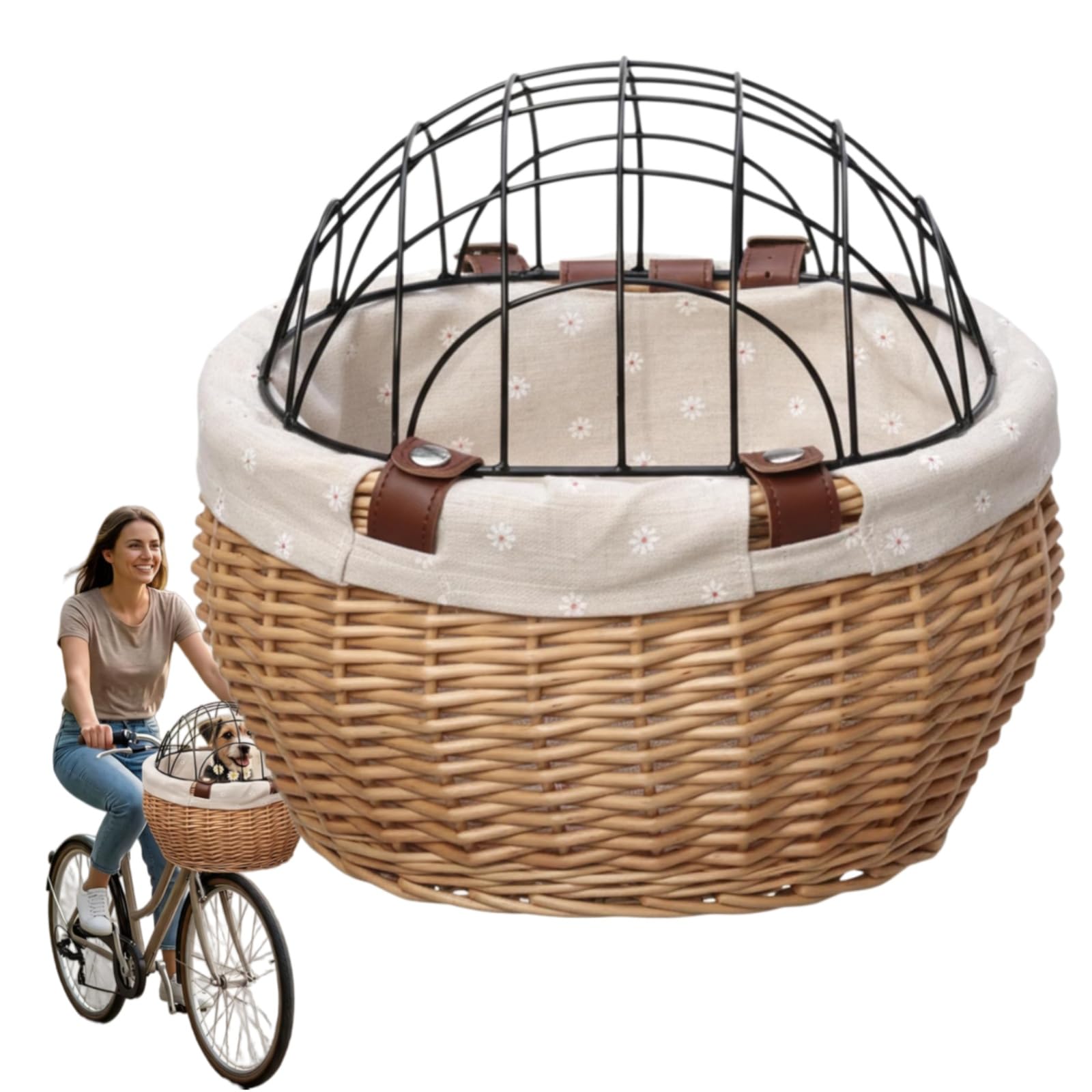 Cestino per bici per cani - Trasportino sicuro per montaggio su bici con copertura per cani di piccola taglia e gatti, cestino in rattan per animali domestici e d (A)