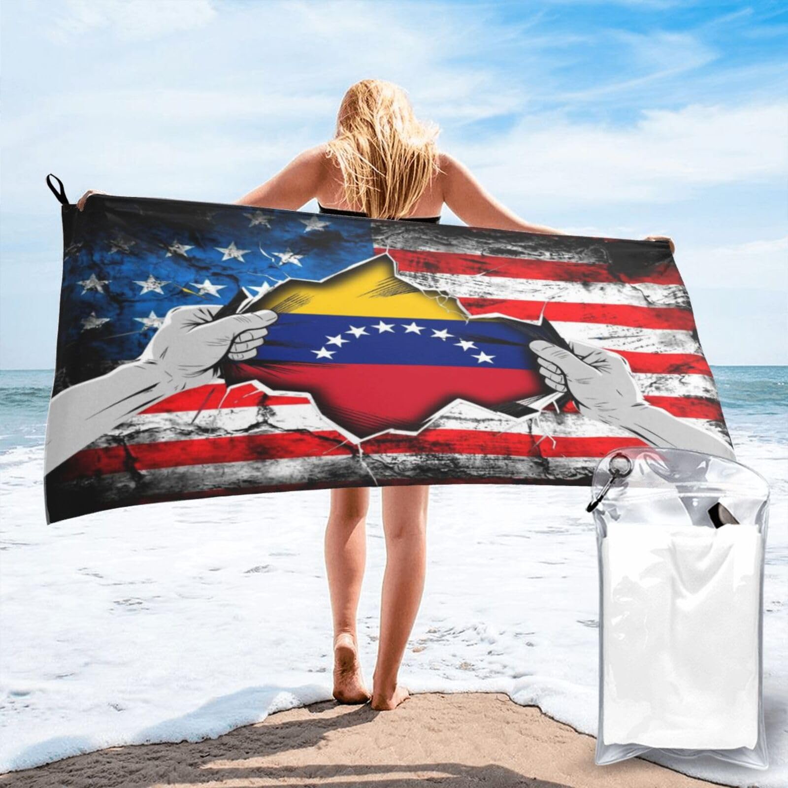 HACXZ American and Venezuela Flag Vintage Beach Towel Lightweight Absorbent Beach Towel Microfiber 31.5"X63"