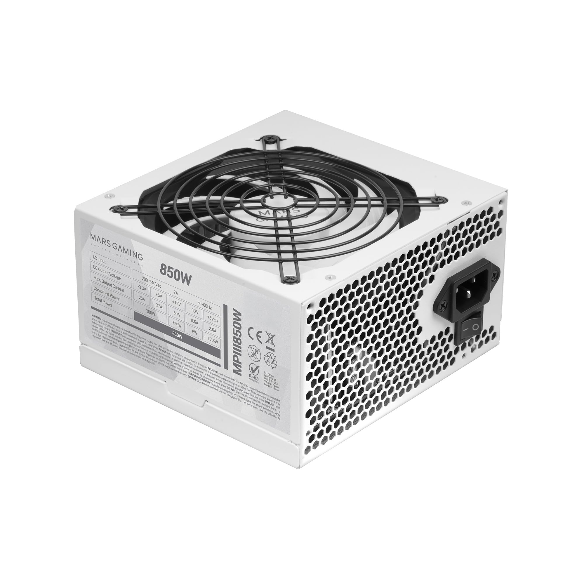 Mars Gaming MPIII850, PC-Netzteil ATX 850W, 5 Jahre Garantie, 85% Effizienz, Digitales APFC-System, 120mm FDB-Lüfter mit AI-RPM, DC-DC- und SMD-Technologien, Extra Lange Flachkabel, Weiß