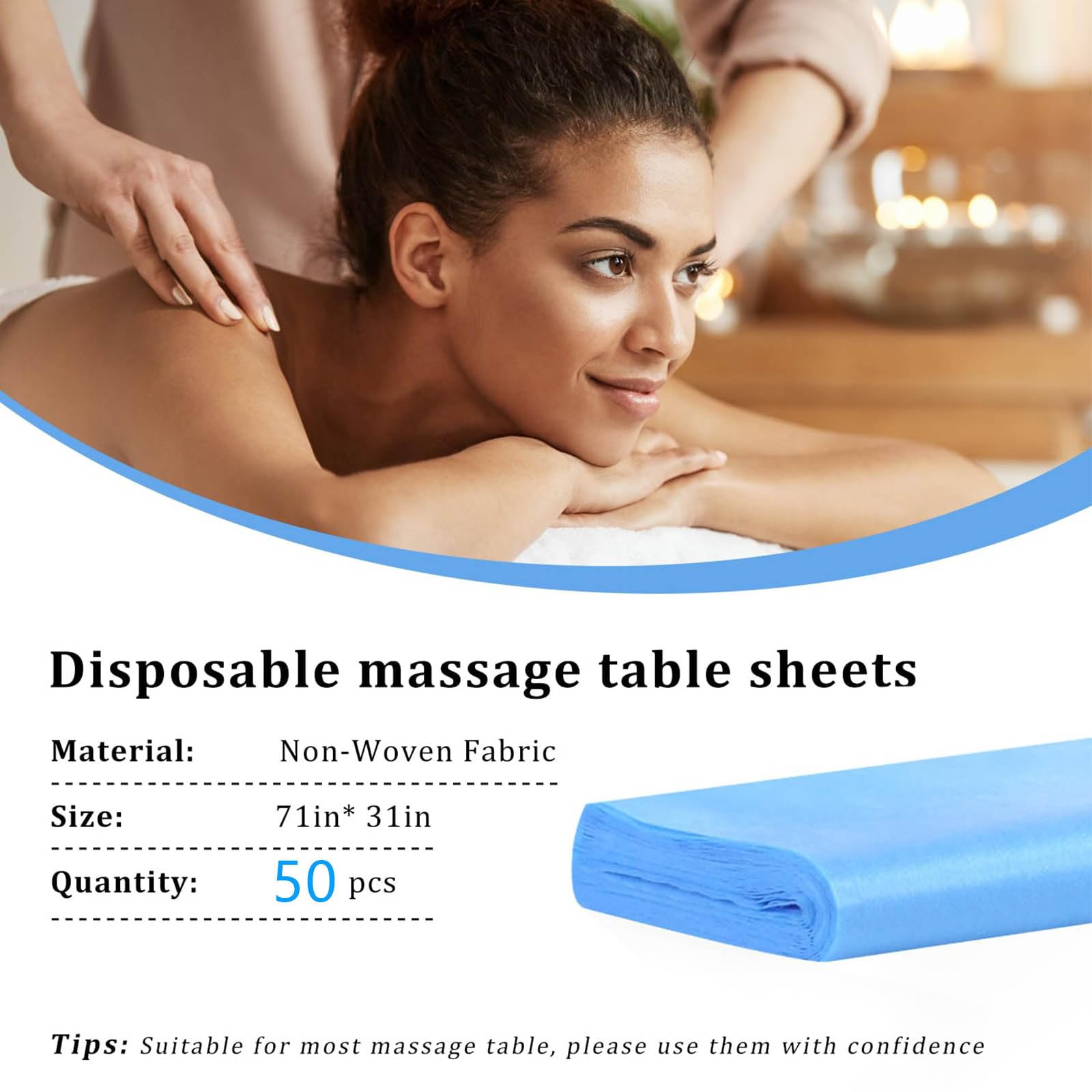 Lot de 50 draps de lit jetables en tissu doux non tissé pour table de massage, spa, massage, hôtels, esthéticienne, 180 x 80 cm (bleu)
