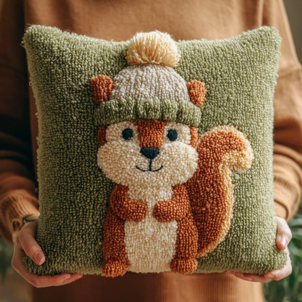 Wallustrioaw Squirrel Wearing A Hat Latch Hook Kits Pillow Printed Cushion,