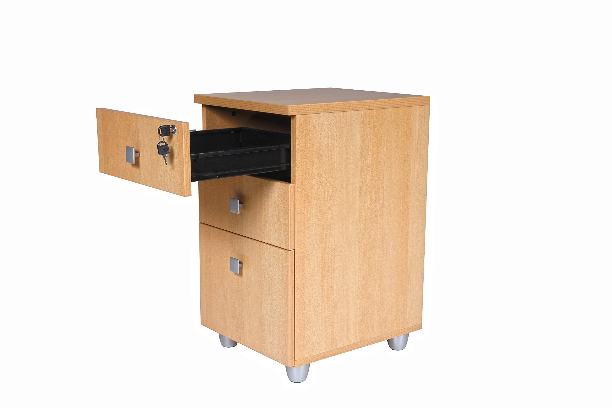 Furni24 Schreibtisch Winkelschreibtisch, Eckschreibtisch, Moderner Bürotisch Computertisch mit großer Arbeitsfläche, Bürotisch,PC Tisch, Dona Buche 180x120x74cm inkl.Beistellcontainer rechts gewinkelt