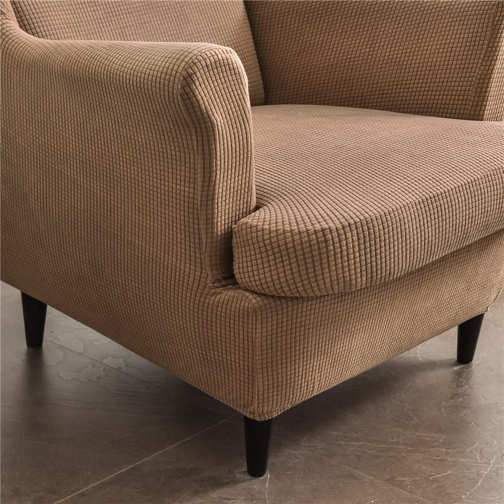Highdi Housse de Fauteuil à Oreilles Extensible 2-Pièces Couverture de Fauteuil avec Housse de Coussin en T, Couleur Unie Jacquard Épaissir Strandmon Housse de Fauteuil Antidérapante (Chameau)