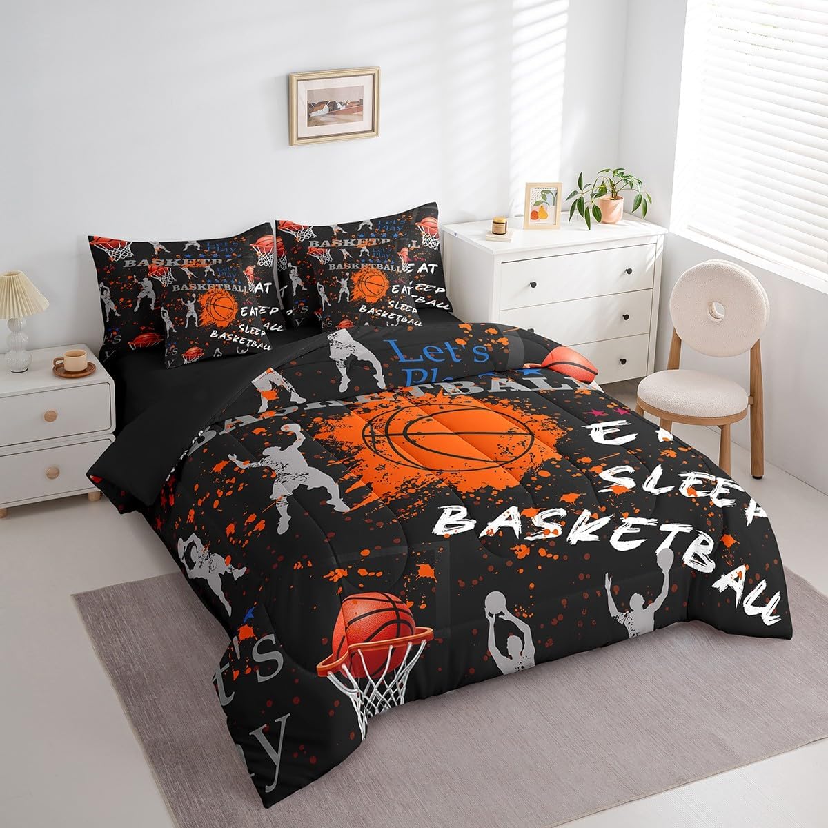 Erosebridal Basketball Comforter Set 7 Pcs Full Size for Kids,Sports Bed in A Bag for Boys,Hippie Basketball Bedding Sets for Fan,Black Ball Game Reversible Bed Sets with Sheet Set,Pillow Case
