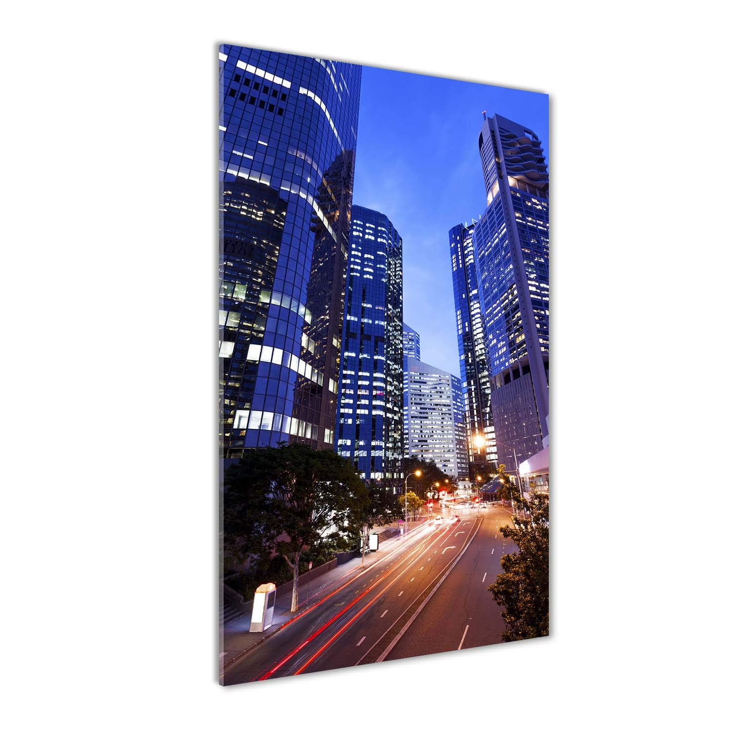 Peinture sur verre trempé 70x140cm bleu de gratte-ciel pour une décoration murale moderne