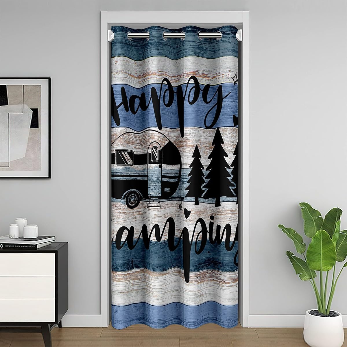 Boys Camper Door Curtain,Kids Farmhouse Style Outdoor Adventure Blackout Curtain for Bedroom Doorway Living Room,Happy Camping Pine Tree Drawing Design Privacy Door Drape 1 Panel,34" W X 80" L