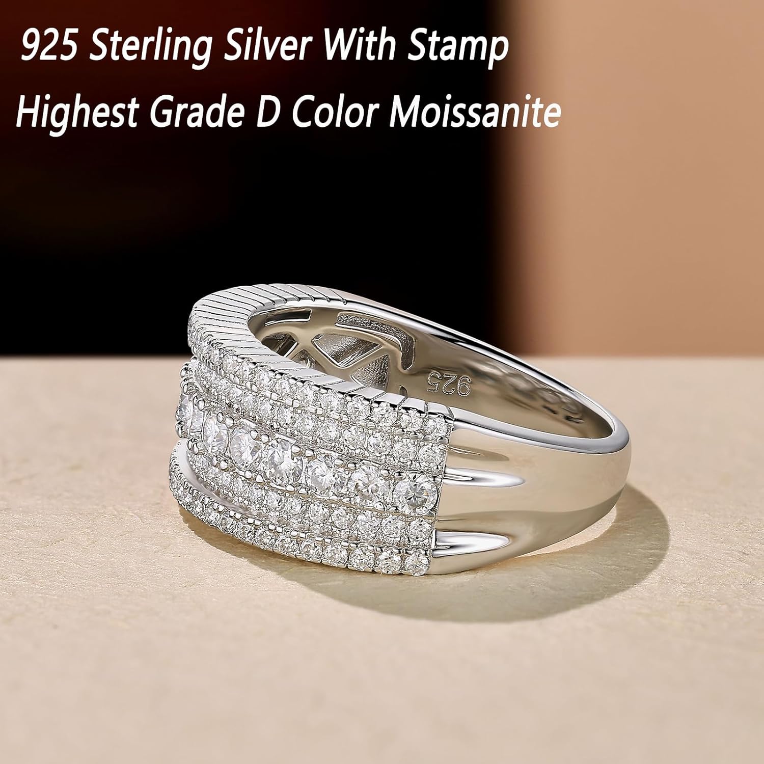 Wuziwen Moissanite Wedding Bands for Women Multi-Row Wide Eternity Stackable Ring D Color VVS1 Clarity Bridal Engagement Rings 925 Sterling Silver - Image 6