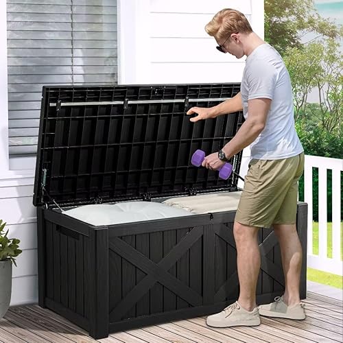 Miniatura 3 de YITAHOME Caja grande de cubierta de 120 galones con parte delantera en forma de X, cajas de almacenamiento de resina para exteriores, banco de
