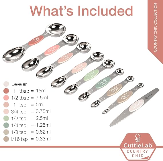 CuttleLab Magnetic Measuring Spoons Set - Stainless Steel, Double Ended, Stackable & Nested Design for Dry and Liquid Ingredients, Ideal for Spice Jars, 9-Piece Set with Leveler (Country Chic)