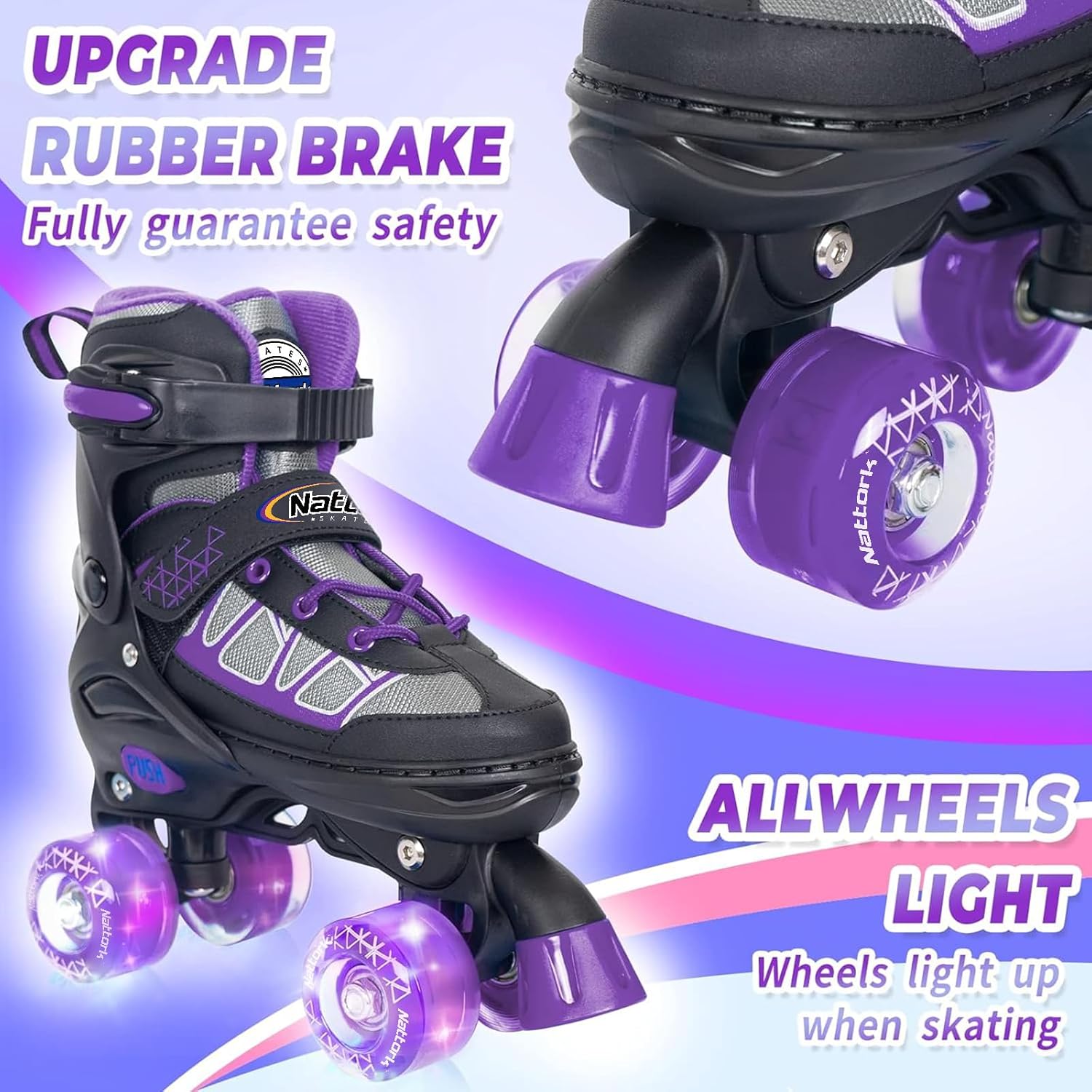 nattork roller skates for kids boys girls, 4 size adjustable rollerskates with light up wheels for children beginners for outdoor indoor purple large (3-6)