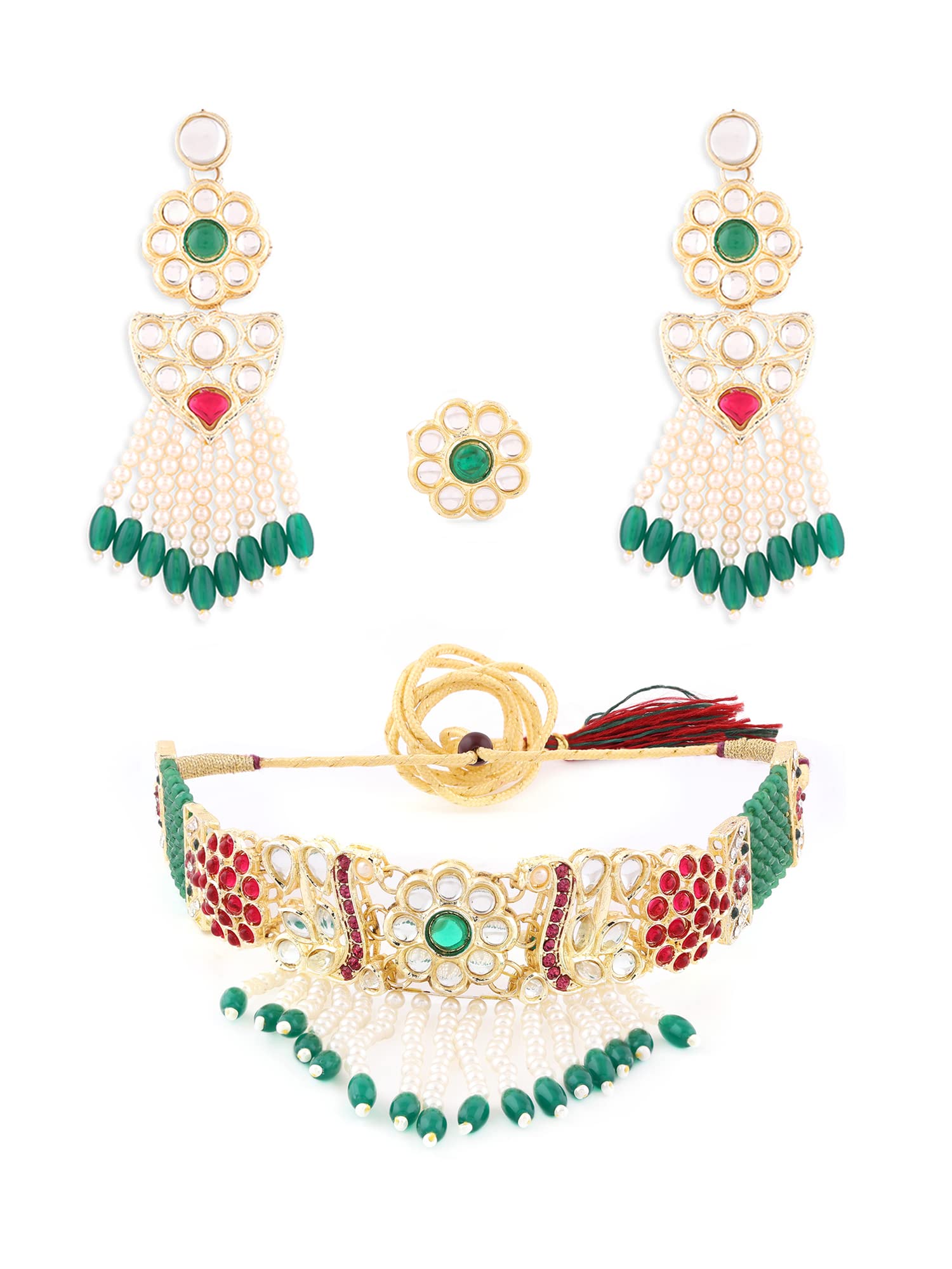 ZAVERI PEARLS Pink & Green Peacock Inspired Kundan Choker Necklace Earring & Ring Set For Women-ZPFK14706 (B0BCGW7KSH) Amazon Price History, Amazon Price Tracker