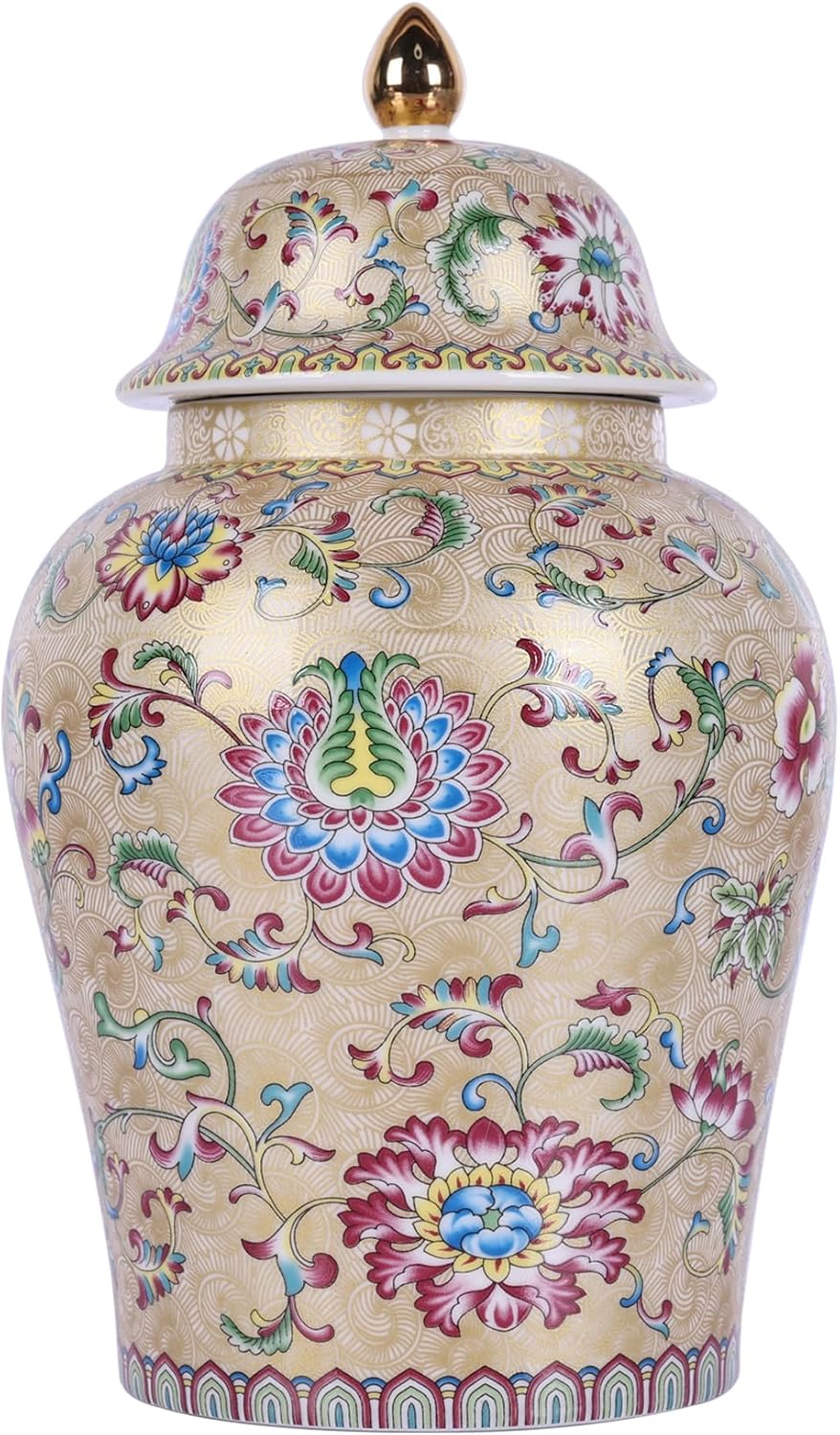 Chinoiserie Ginger Jar, Blue and White Porcelain Ceramic Vase with Gold Colorful Floral Design, 8" Decorative Ginger Jar for Shelf Decor, Storage Jar for Snacks & Small Items (FW Jar)