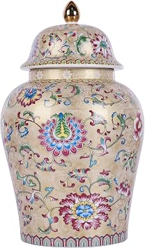 Chinoiserie Ginger Jar, Blue and White Porcelain Ceramic Vase with Gold Colorful Floral Design, 8" Decorative Ginger Jar for Shelf Decor, Storage Jar for Snacks & Small Items FW Jar