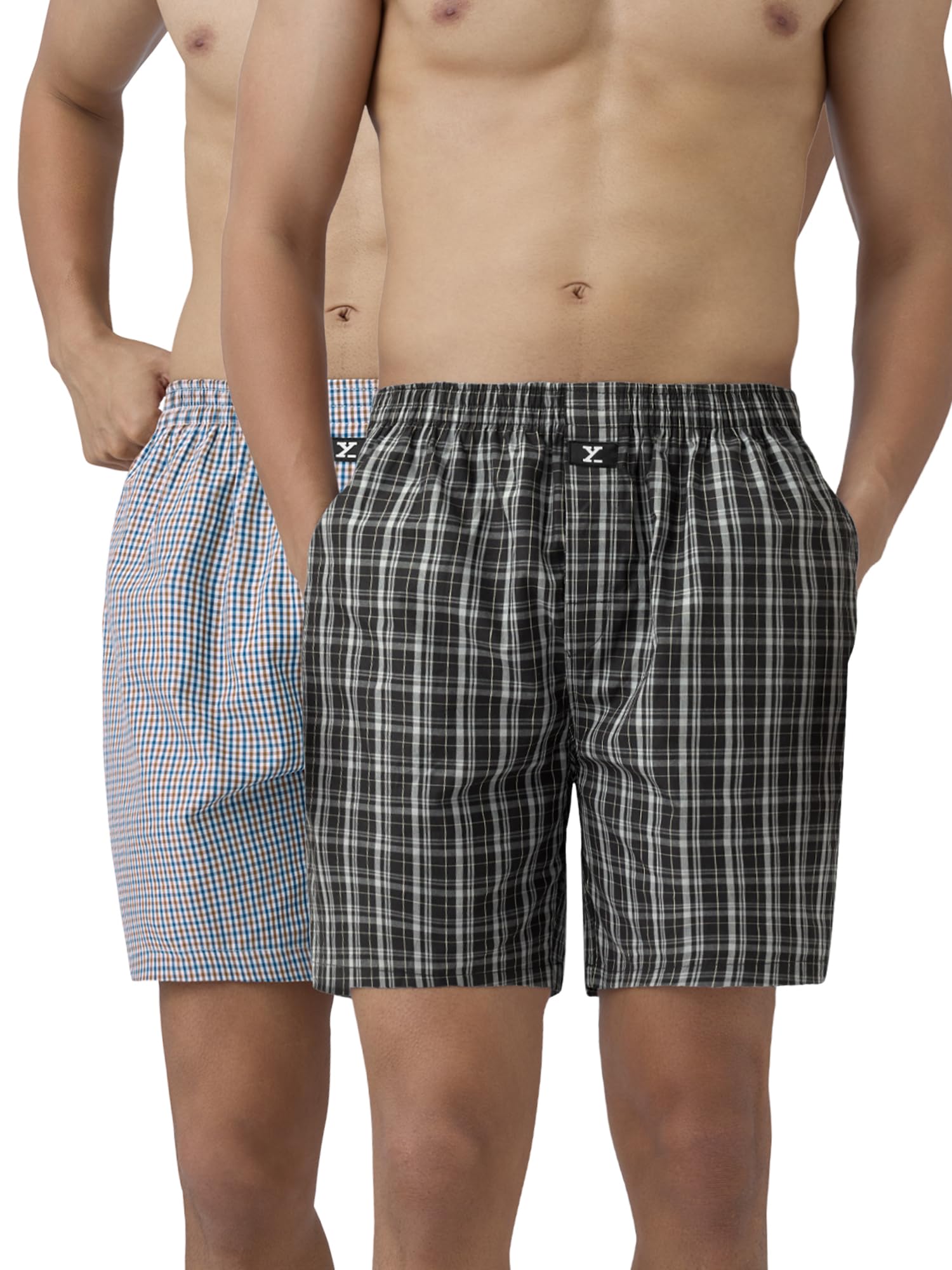 XYXX Men's Checkmate Relaxed Fit Cotton Boxer Shorts with Dual Pocket & No Marks Waistband (Pack of 2)