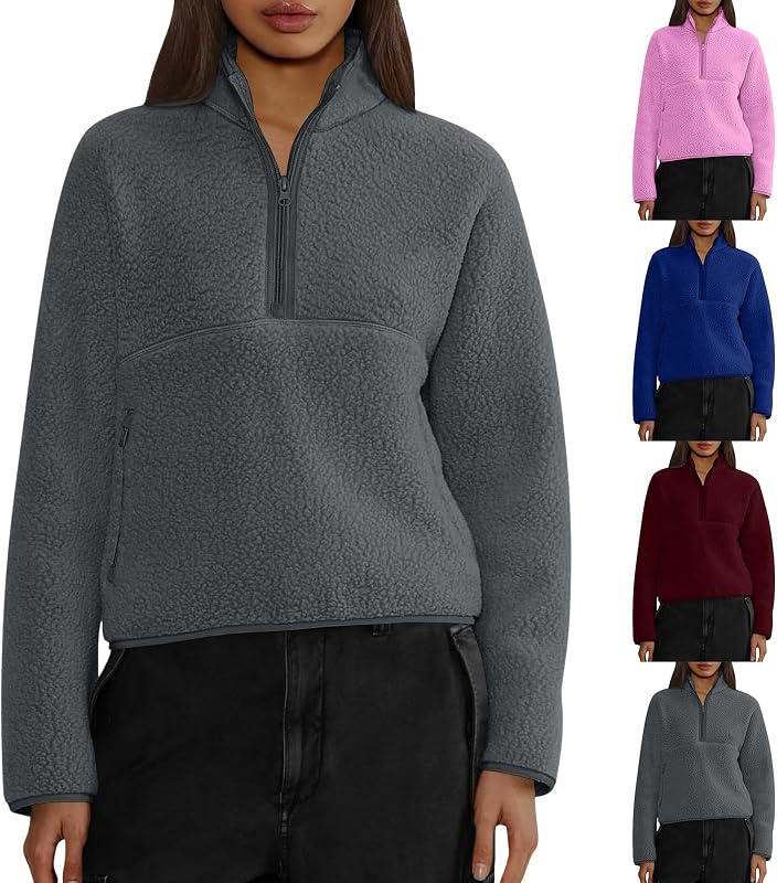 Quarter Zip Pullover Women Fuzzy Mock Neck