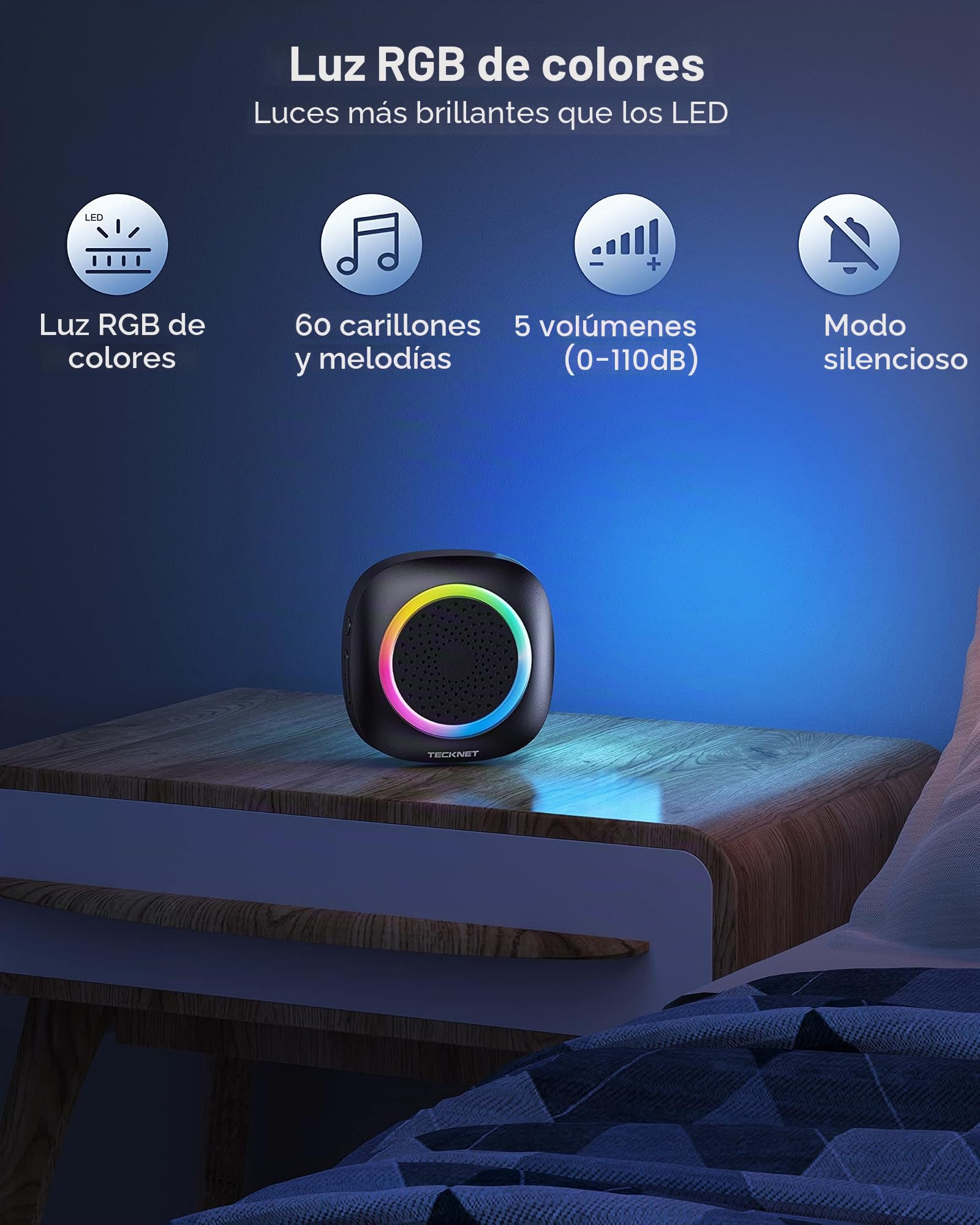TECKNET Timbre Inalámbrico con Pilas, RGB Timbre Inalámbrico Exterior Impermeable IP66 con 3 Receptores, 400M Alcance, 5 Niveles de Volumen y 60 Melodías para Casa, Hotel, Oficina, Emergencia
