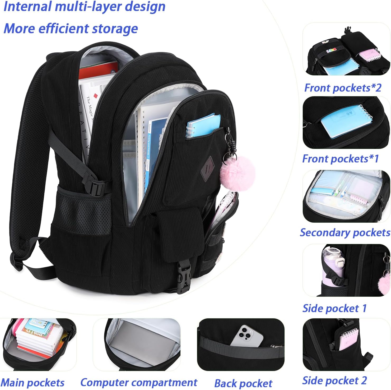 Girls Laptop Backpack Corduroy Bookbag For Teen Big Studen School Bag Durable Travel Daypack (1black)