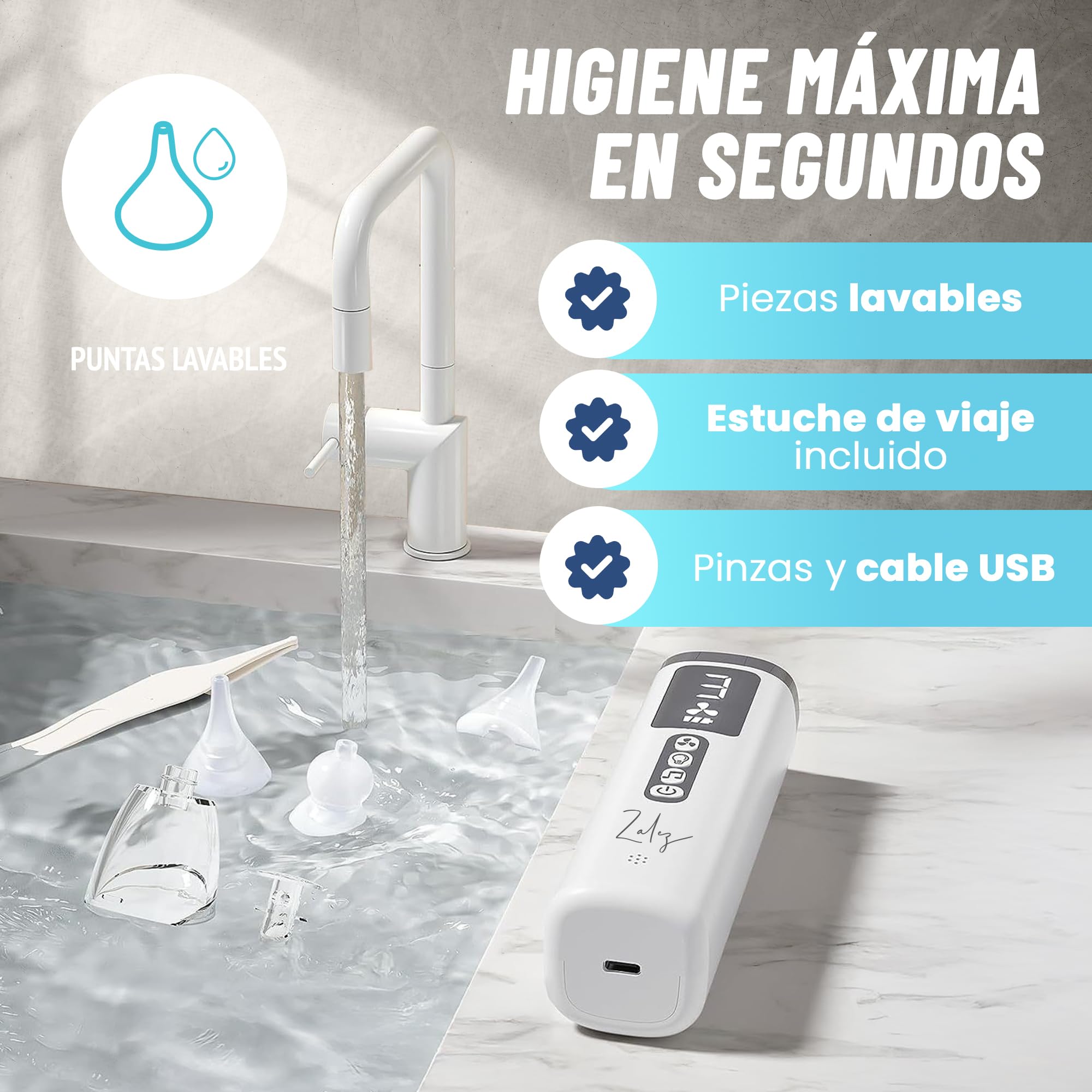 ZALEZ - Aspirador Nasal para Bebe - Sacamocos Bebe - Aspirador Nasal Recargable con 3 Boquillas y 3 Niveles de Succión - Saca Mocos para Bebes con Luz, Música Relajante para Recién Nacidos