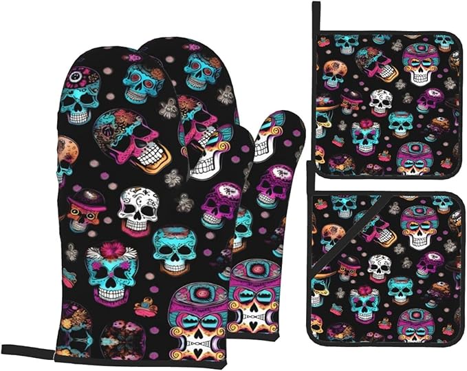 Sugar and Skulls Style Printing Oven Mitts and Pot Holders Set 3pcs, Thick Heat-Resistant Kitchen Gloves for Cooking Baking