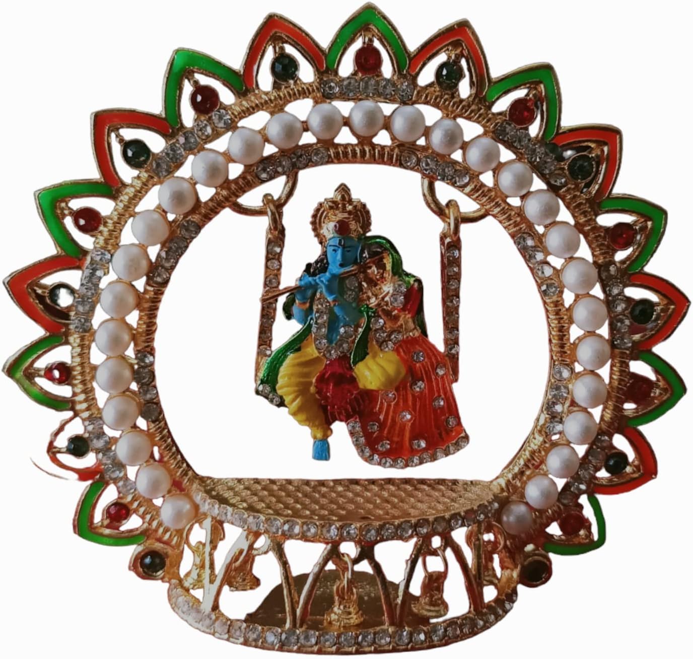 BEXCO Metal Radha Krishna Idol Size 4" 3.5" inches on Swinging Jhula Idol Statue Showpiece Figurine for car Dashboard janmashtami Janmashtami jhula Gift,Mandir Pooja Murti (Size 4 X 4 Inches)