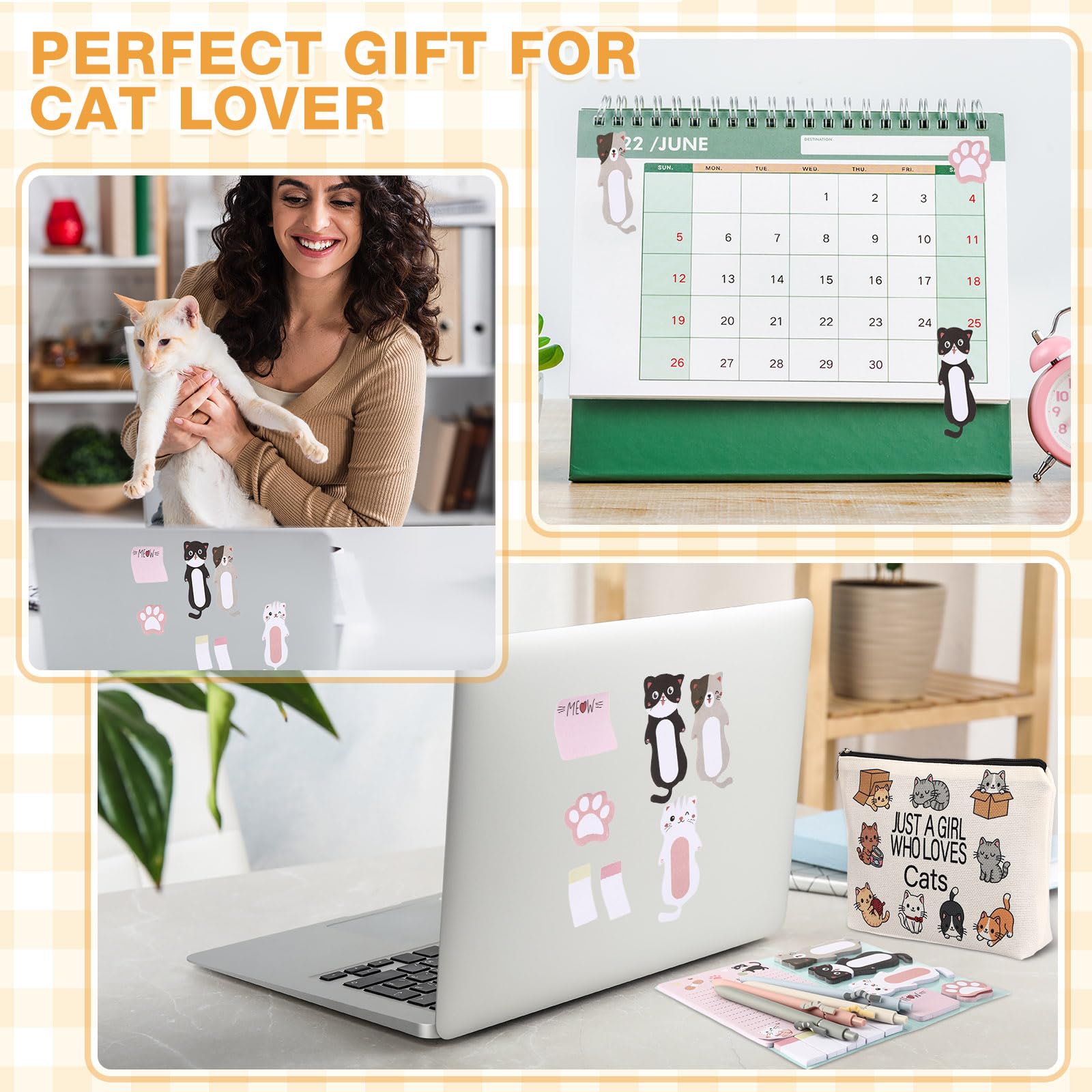 MotiMind Juego de 6 artículos de papelería con temática de gatos, incluye bolígrafos de gel, bolsa para bolígrafos, notas adhesivas, bolsa de cosméticos de viaje para amantes de los gatos, Con color