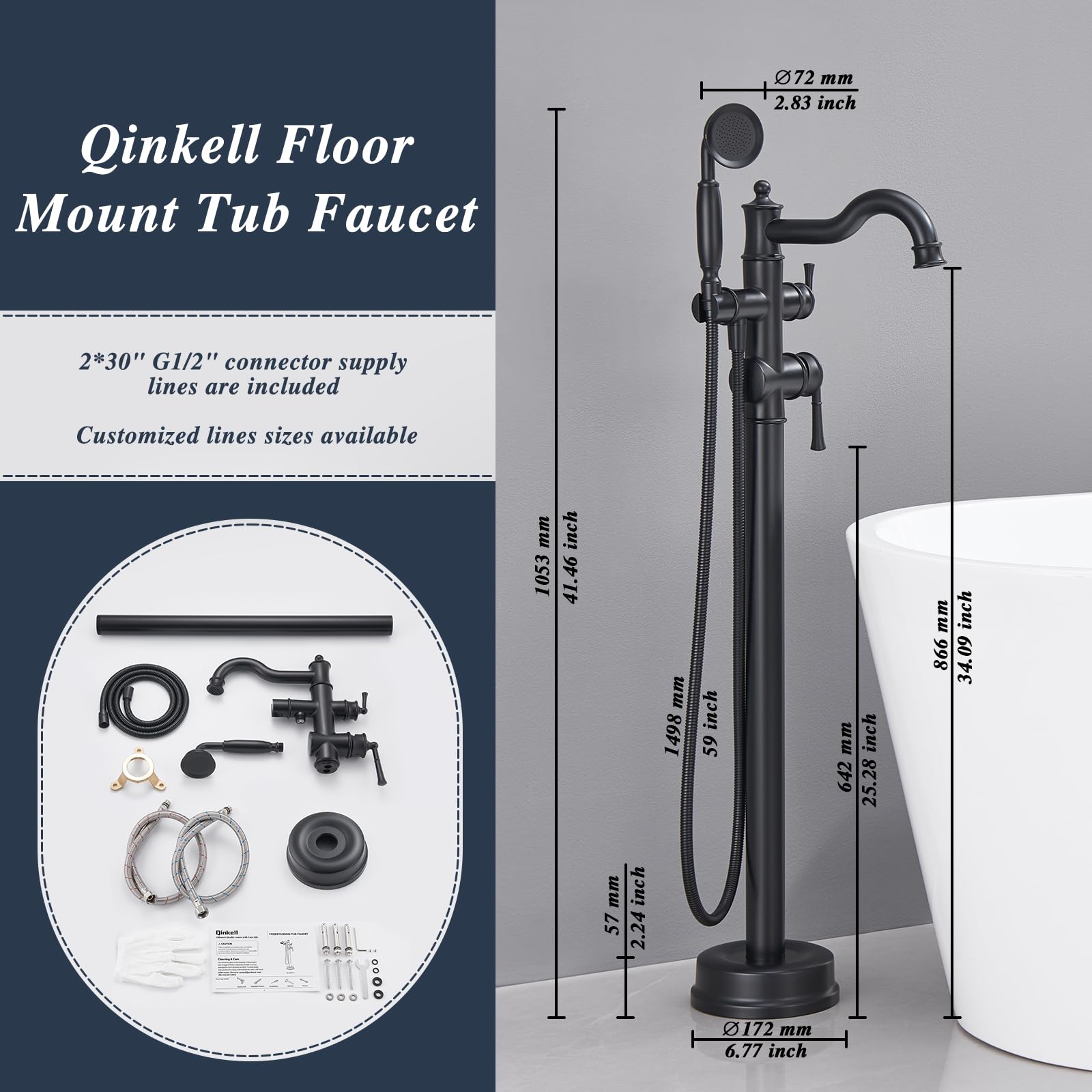 Free Standing Tub Faucet, Qinkell Classic Elegant Gooseneck