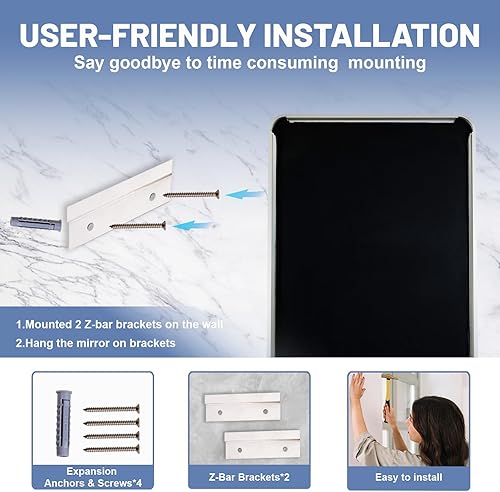 Miniatura 6 de MIRROTREND Espejo rectangular redondeado de níquel cepillado de 22 x 30 pulgadas montado en la pared, espejo de baño con marco de metal antioxidante