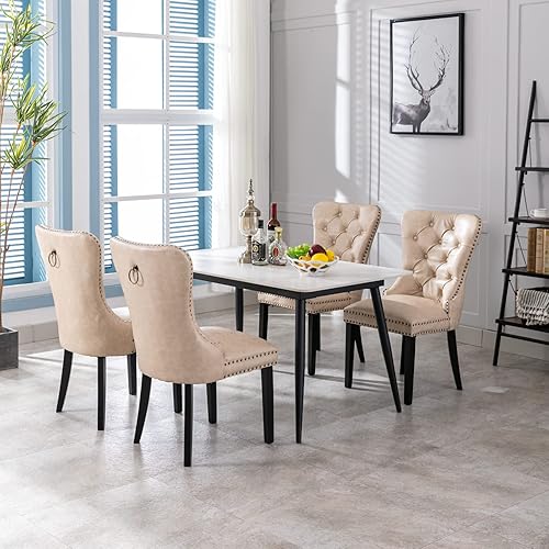 Miniatura 8 de Silla de comedor tapizada de piel sintética, cómoda silla copetuda, juego de 2 sillas modernas sin brazos con botón, ribete de cabeza de clavo,