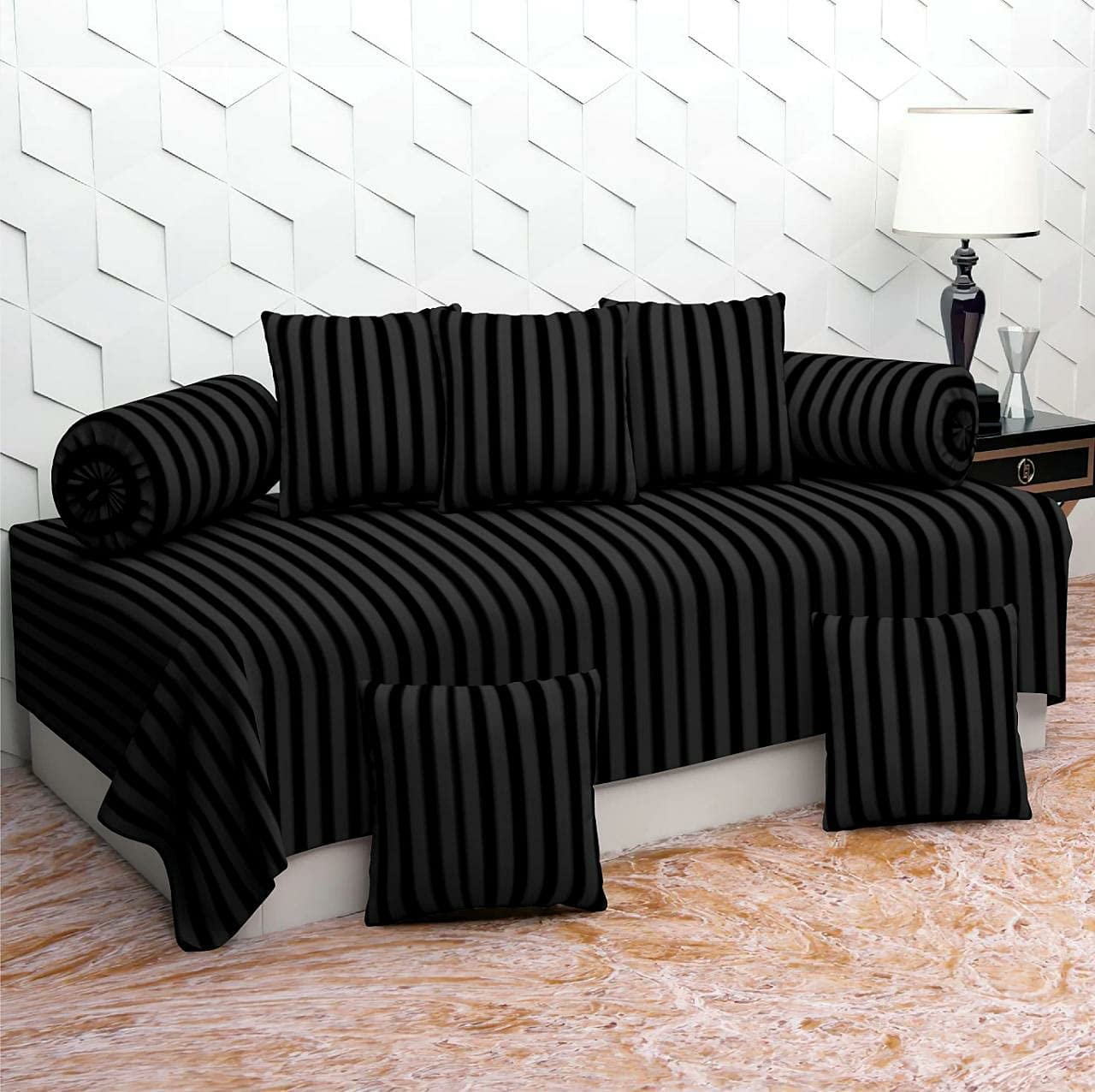 RAEXBE Microfiber Solid & Striped 8 Pieces Diwan Set with Single bedsheet, 5 Cushions Covers and 2 Bolster Covers (Black)-image-46