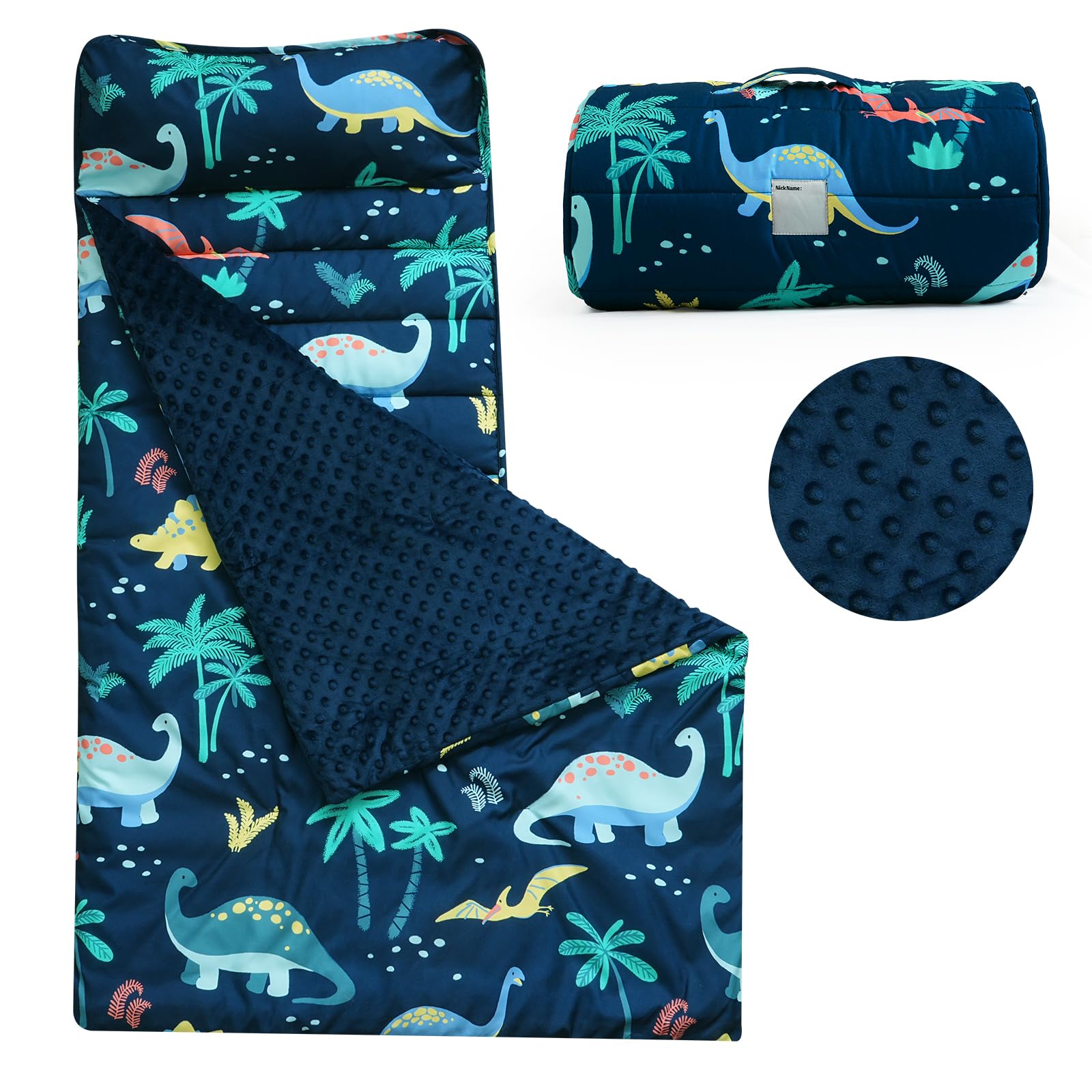 PHF Toddler Nap Mat with Removable Pillow and Minky Fleece Blanket, Rollup Design Warm Slumber Bags for Boys, 50
