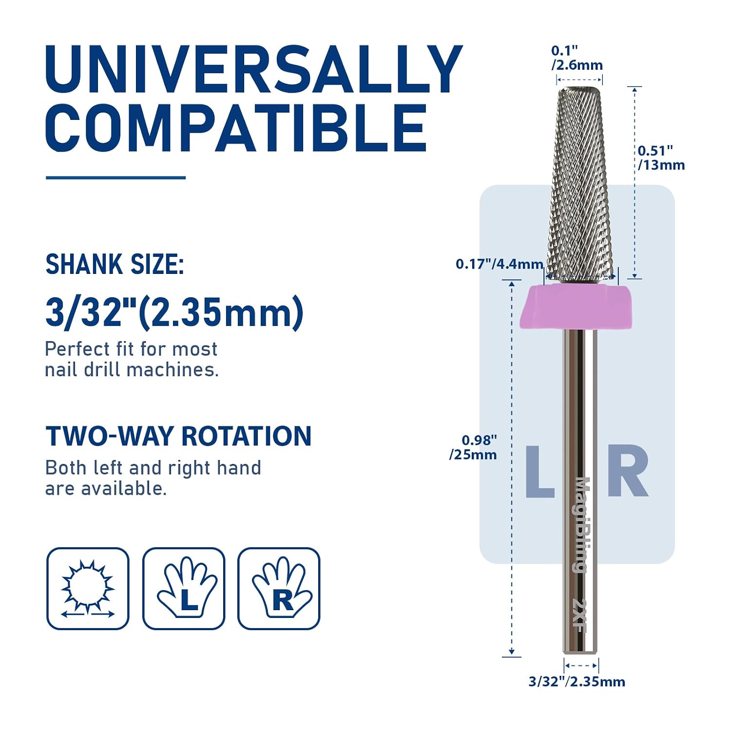 2XF Tapered Barrel Nail Drill Bit, 3/32” Cross-Cut Tungsten Carbide E-File Professional Bit, Single-Piece Molded, Ultra-Low Vibration Sensitive Natural Nails Gel Removal, Two-Way Rotation, Double Fine