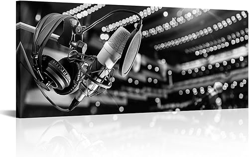 OuElegent Lienzo de música para pared, micrófono blanco y negro, sala de conciertos, impresión de imagen, obra de arte para el hogar, sala de