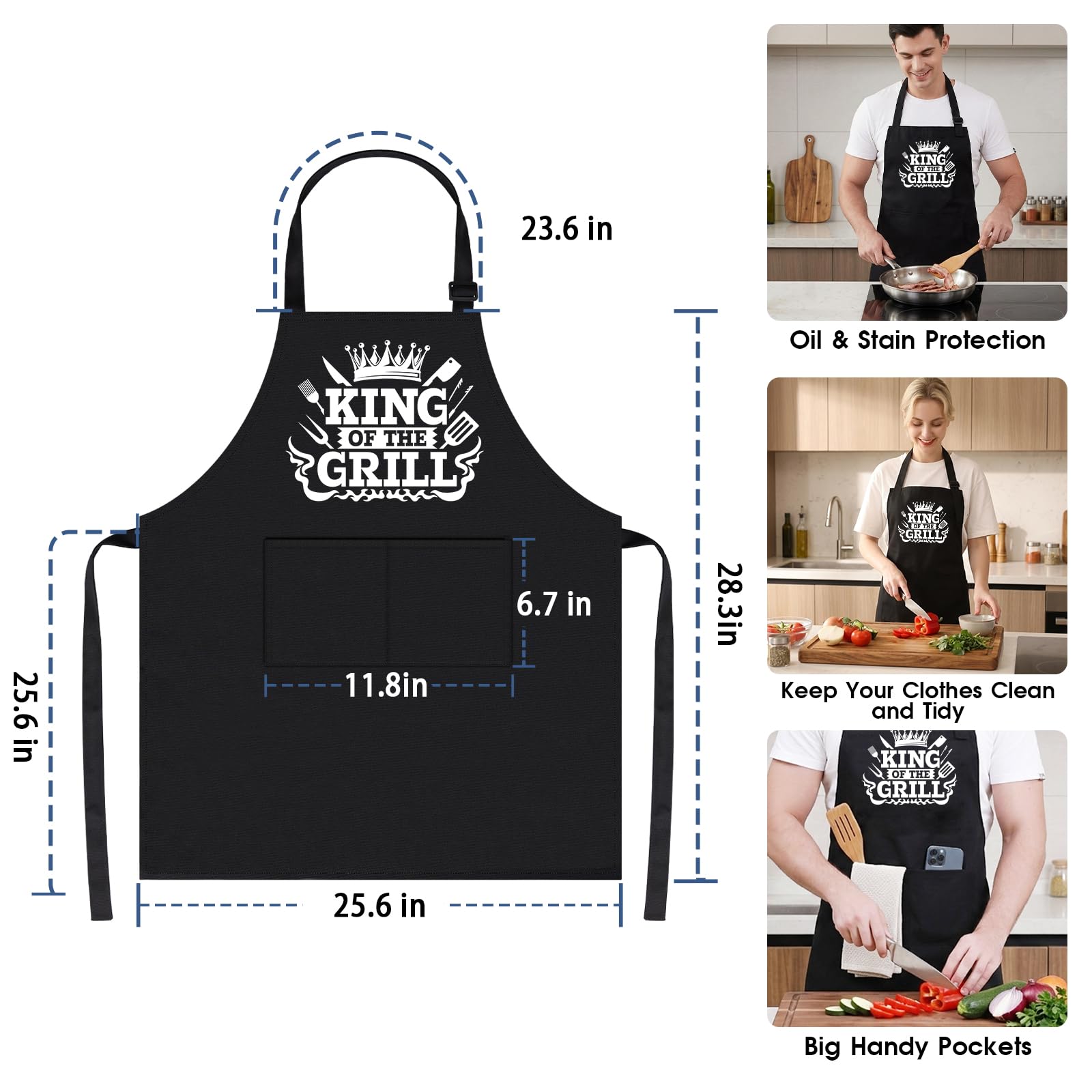 APRONPANDA King of The Grill Tablier de barbecue pour homme avec poches, cadeau de fête des pères pour homme, papa, mari, tablier de chef de cuisine professionnel en coton pour cuisine, pâtisserie