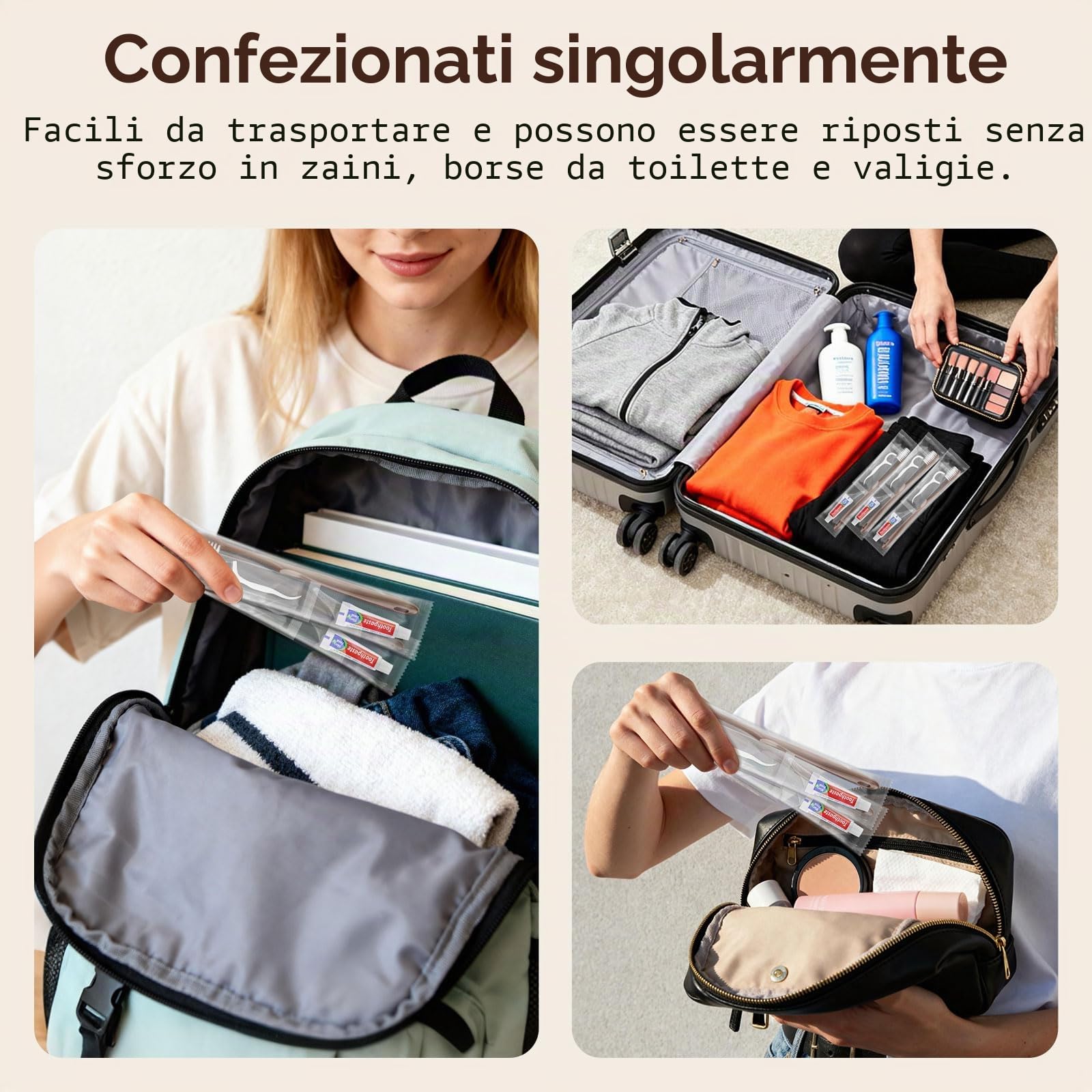 Spazzolino da denti usa e getta da viaggio, spazzolino e dentifricio, confezionato singolarmente, marrone, con plettri per filo interdentale, adatto per hotel, casa, campeggio, viaggi (confezione da